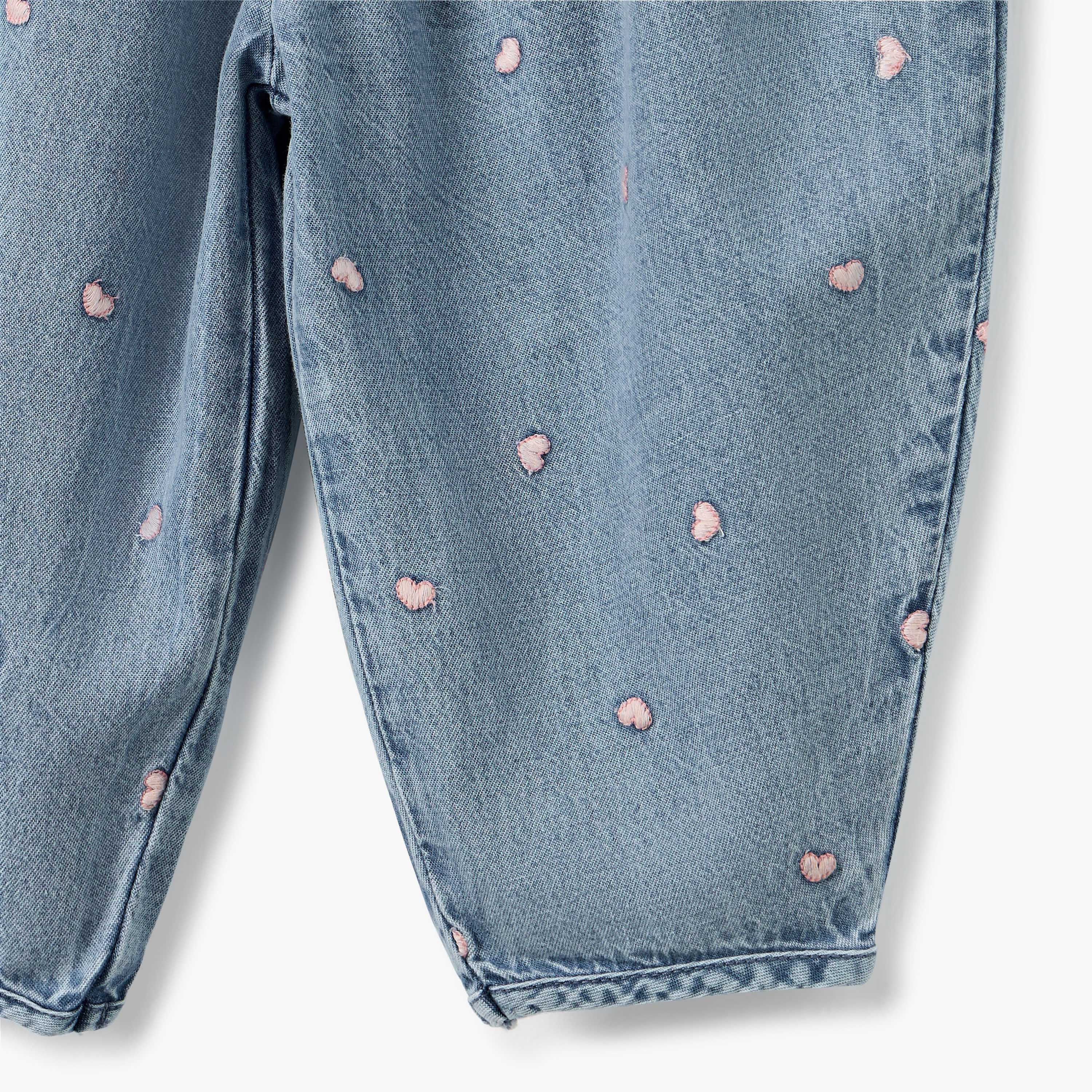 Juniors All-Over Heart Embroidered Denim Pants with Elasticated Waistband-baby-girls-clothing-bottoms-trousers-image-4