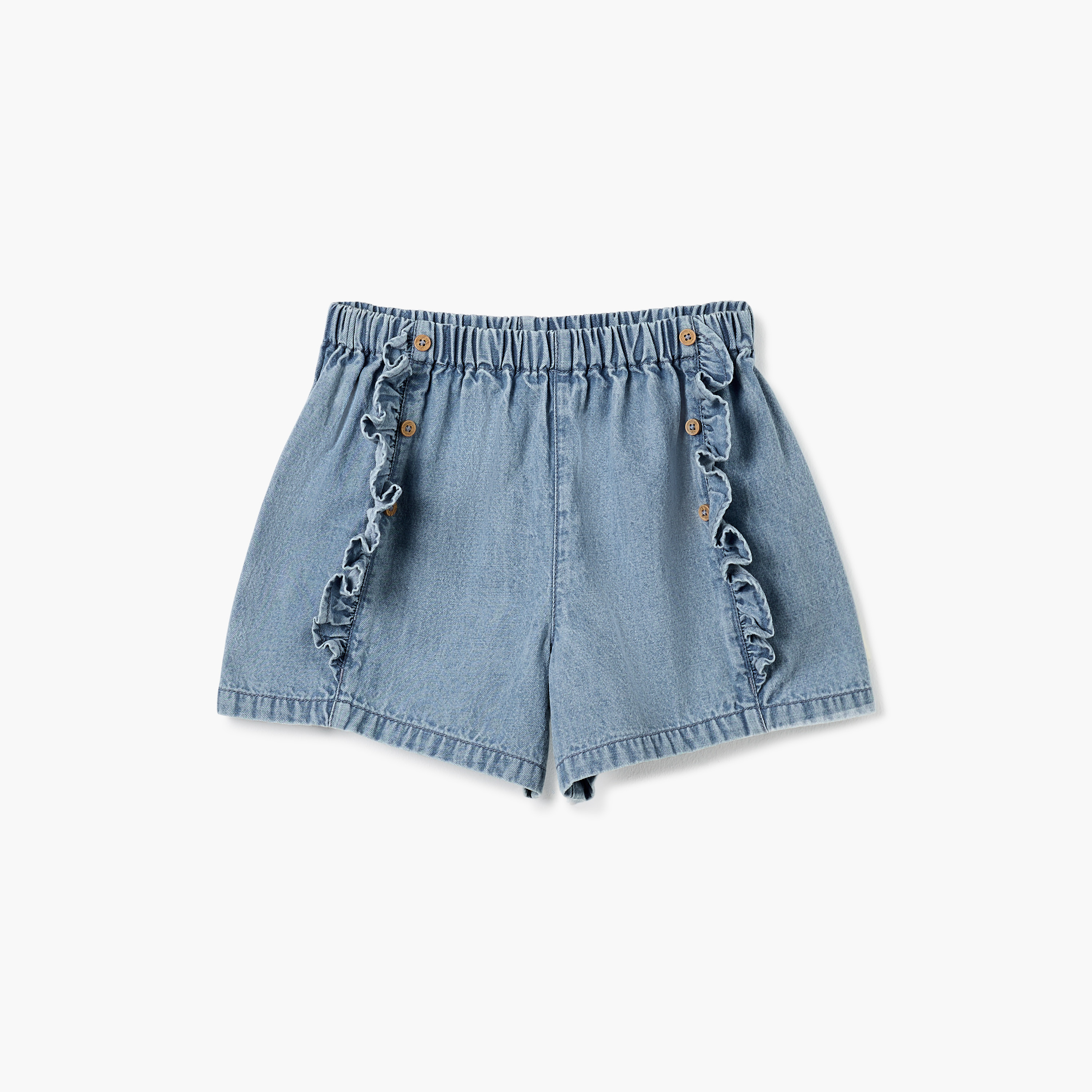 Juniors Ruffle Detail Denim Shorts with Elasticated Waistband-baby-girls-clothing-bottoms-shorts-image-1