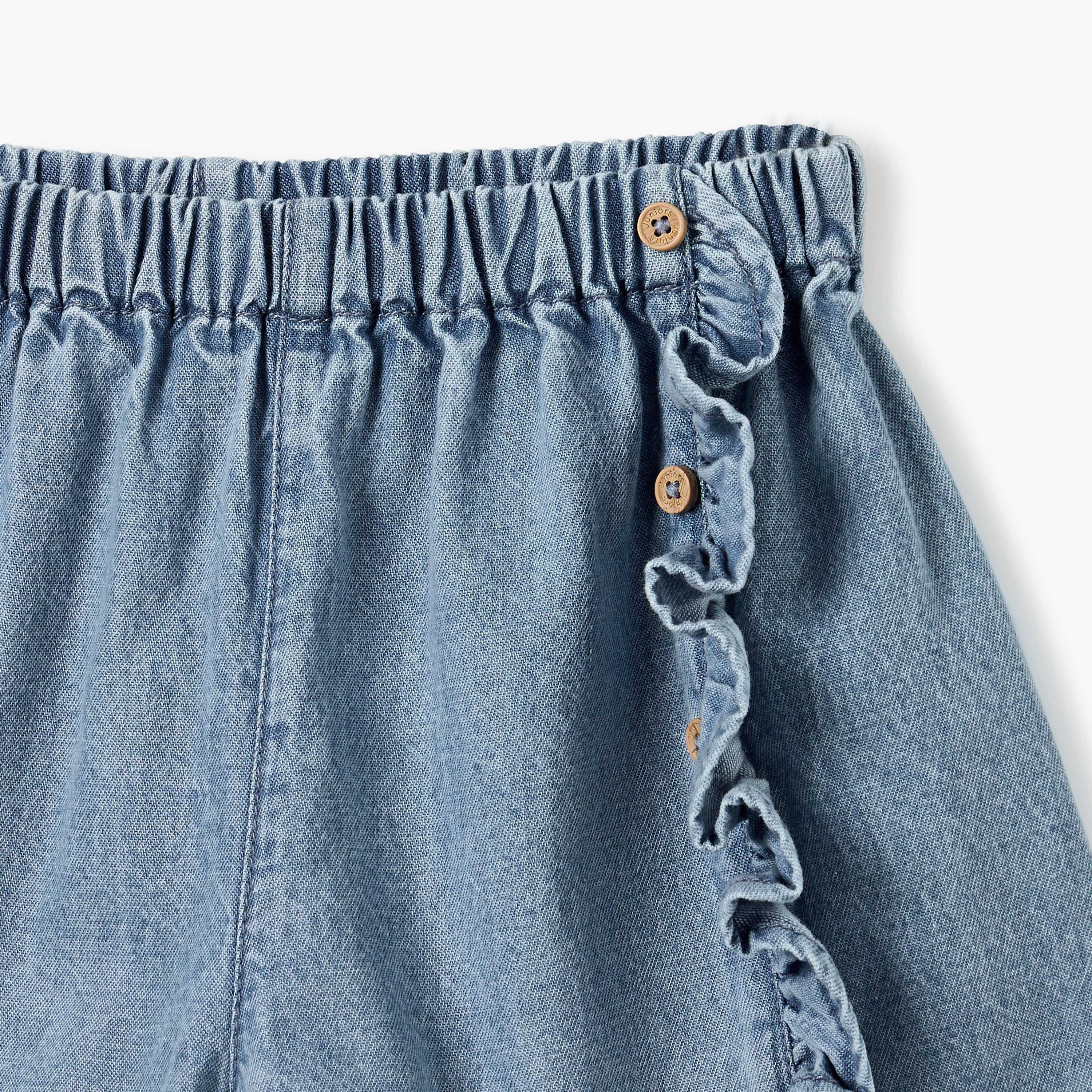 Juniors Ruffle Detail Denim Shorts with Elasticated Waistband-baby-girls-clothing-bottoms-shorts-image-3