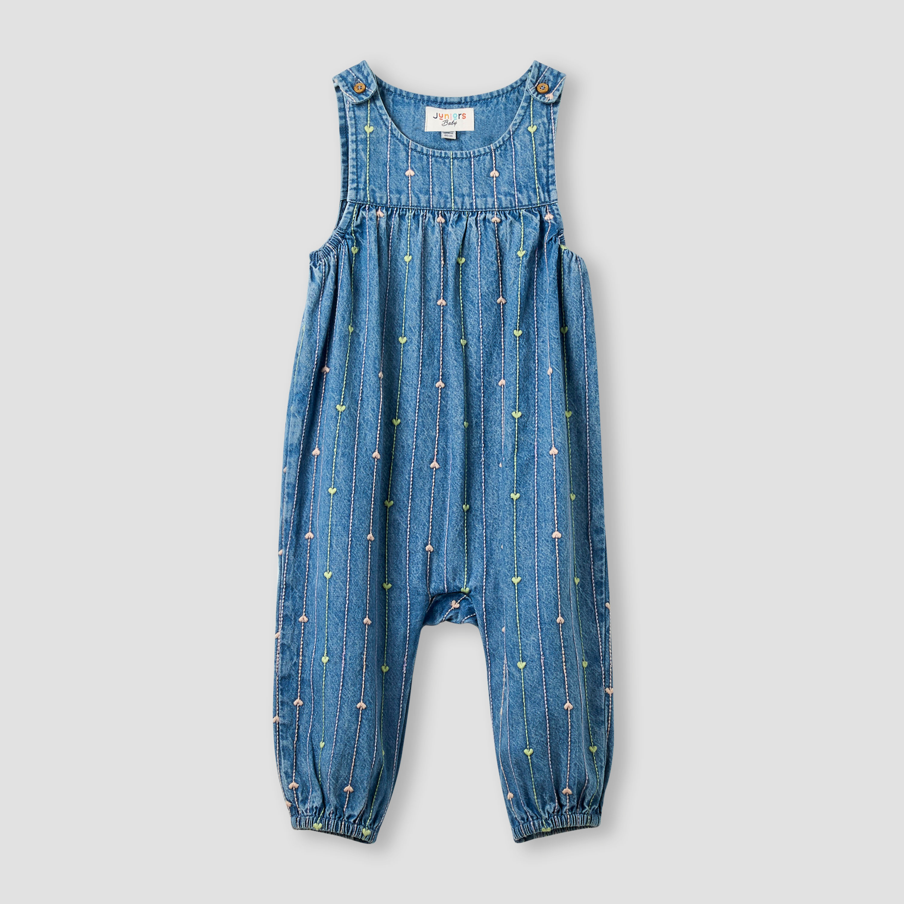 Juniors Embroidered Denim Sleeveless Dungarees with Snap Button Closure-baby-girls-clothing-rompers-image-1