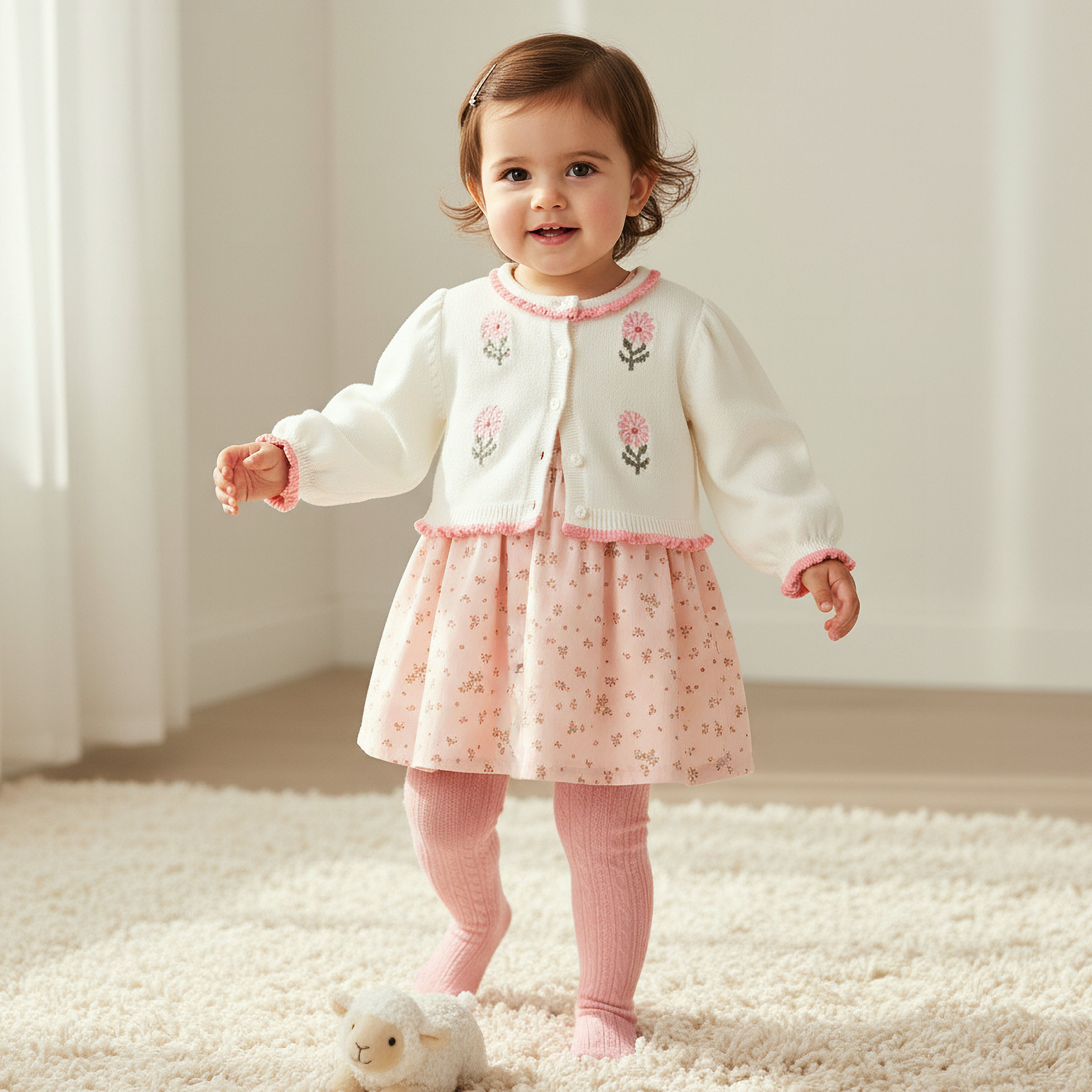 Giggles Floral Print Dress with Cardigan and Tights-baby-girls-clothing-winterwear-dresses-image-1