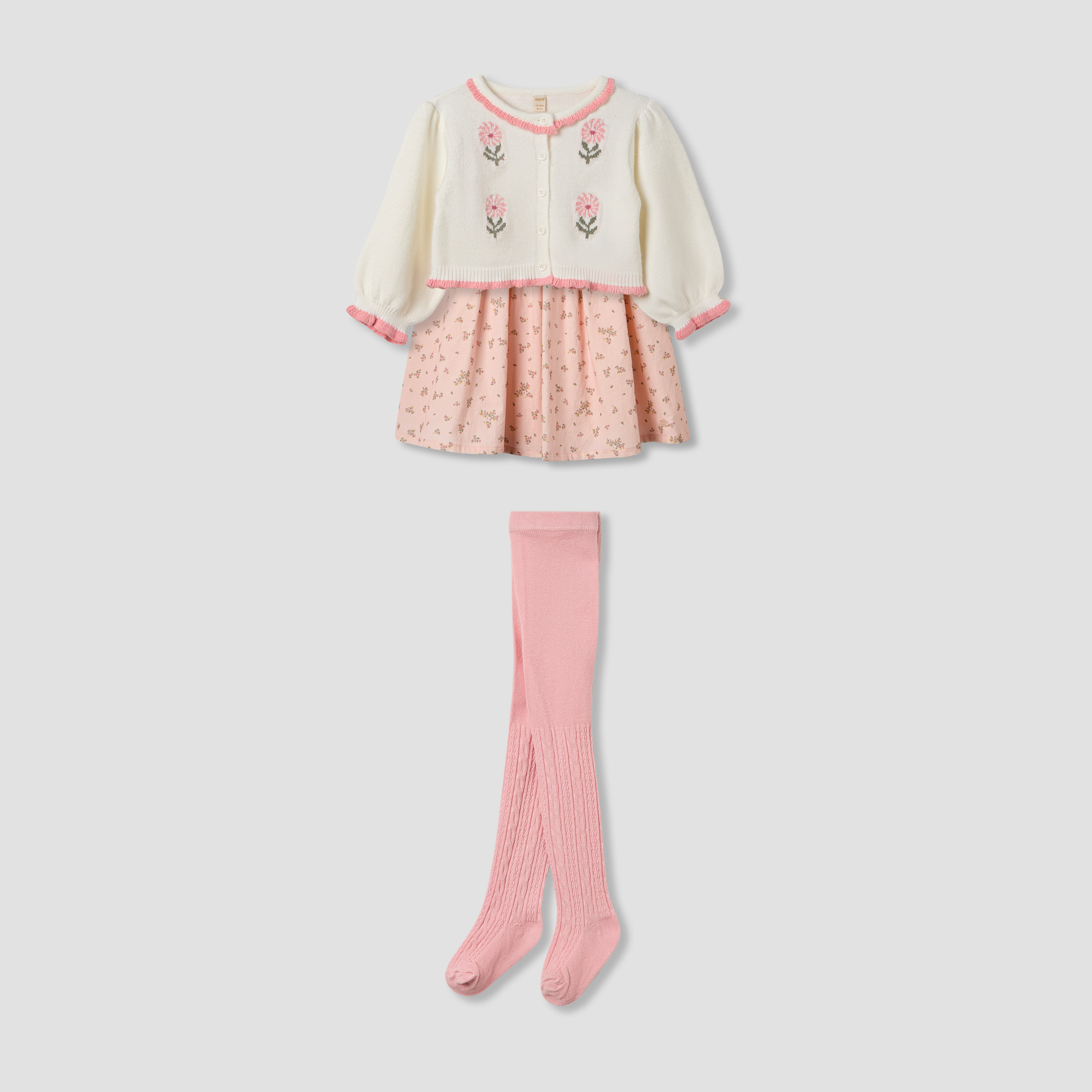 Giggles Floral Print Dress with Cardigan and Tights-baby-girls-clothing-winterwear-dresses-image-3