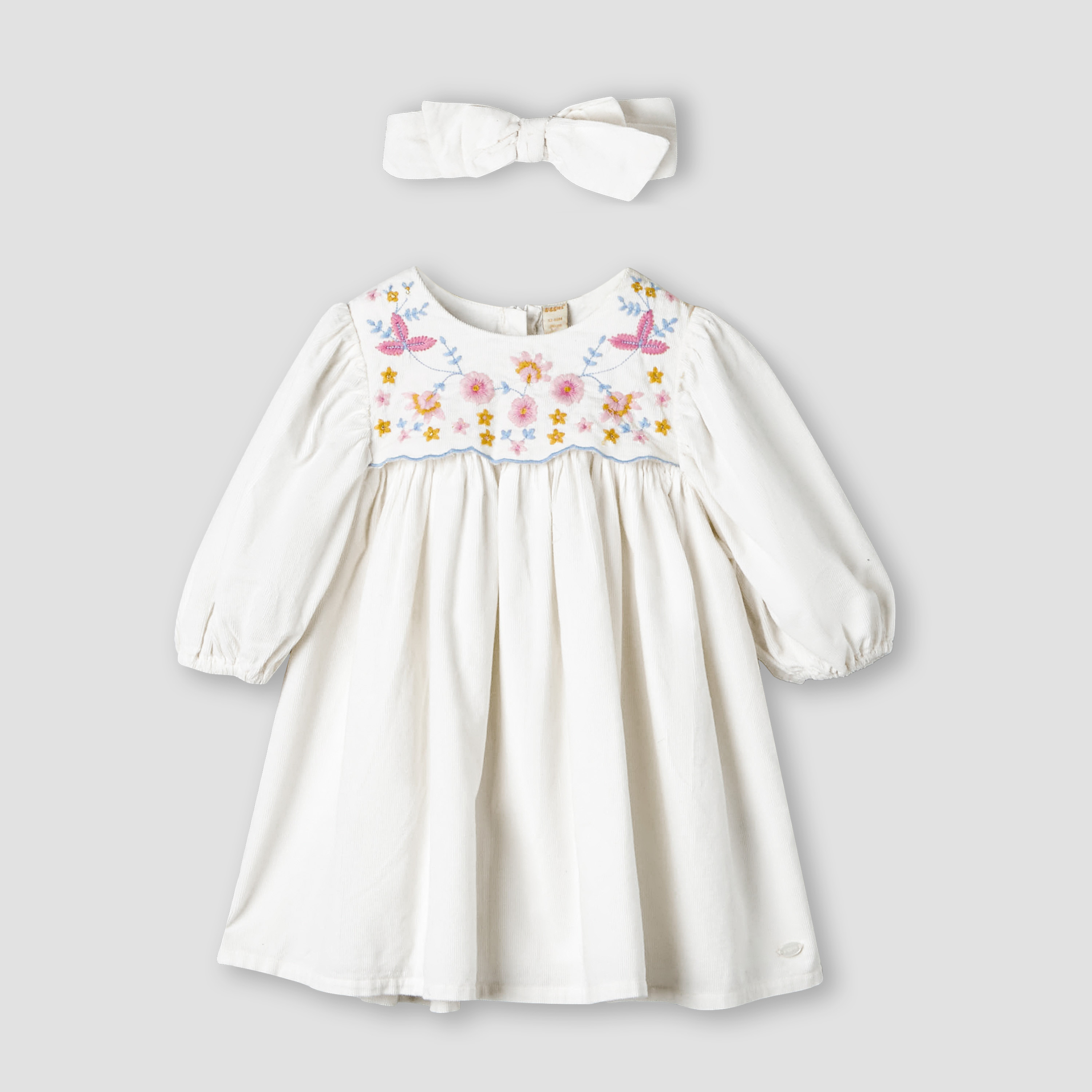 فستان إيه لاين بأكمام طويلة وياقة مستديرة وتطريز زهري مع شريطة رأس من جيجلز-baby-girls-clothing-dressesandjumpsuits-image-2