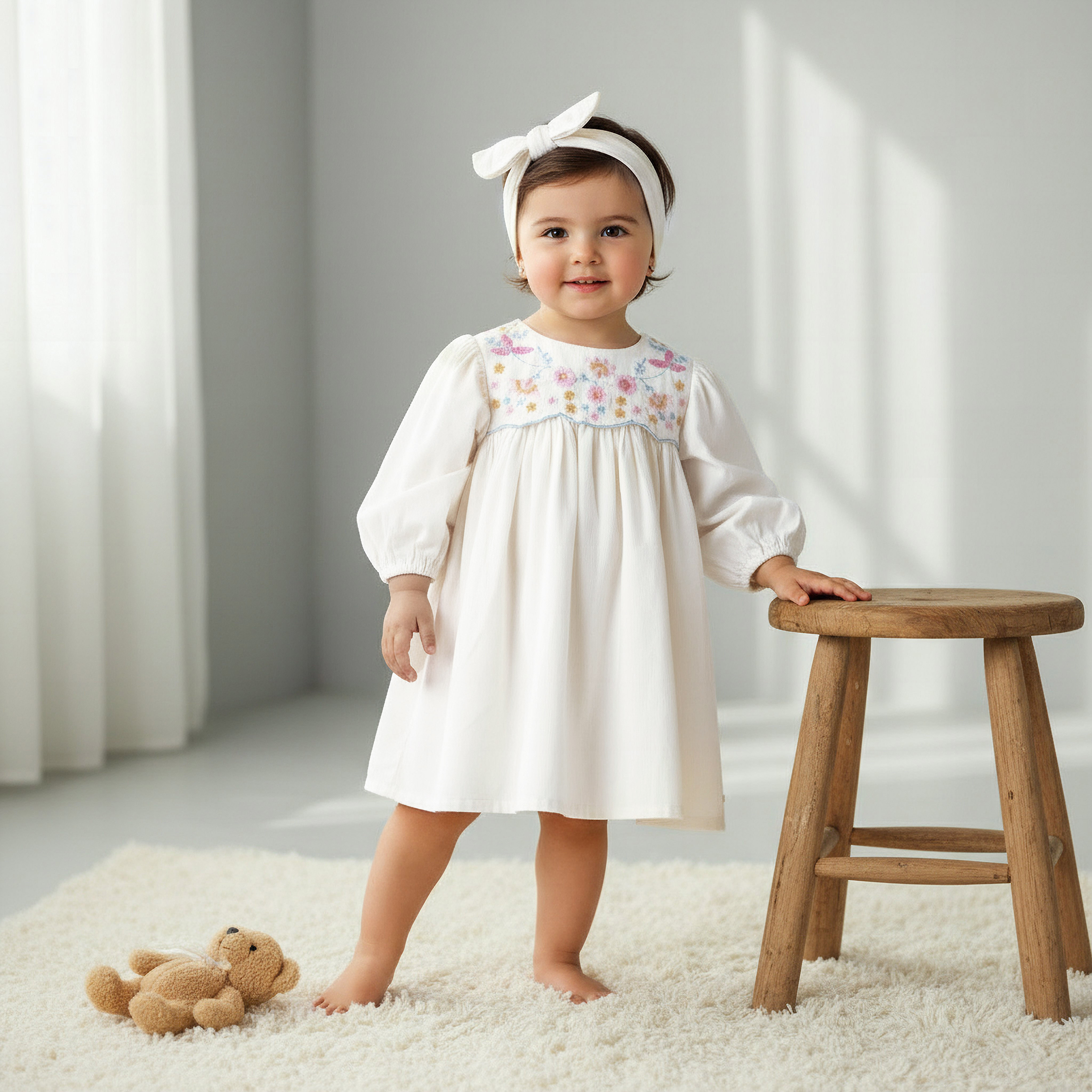 فستان إيه لاين بأكمام طويلة وياقة مستديرة وتطريز زهري مع شريطة رأس من جيجلز-baby-girls-clothing-dressesandjumpsuits-image-1