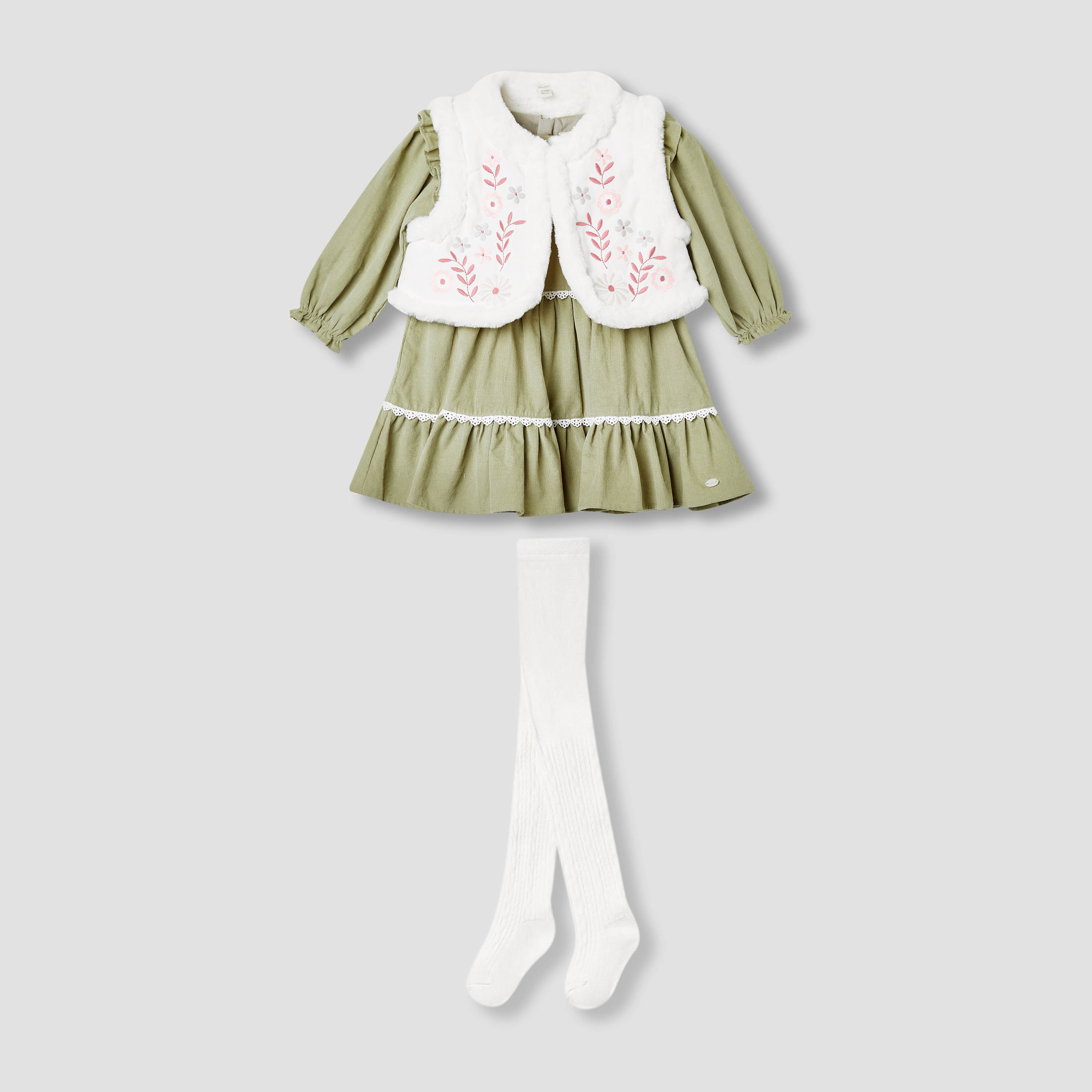 Giggles Embroidered Tiered Dress with Sweater and Stockings-baby-girls-clothing-winterwear-dresses-image-2
