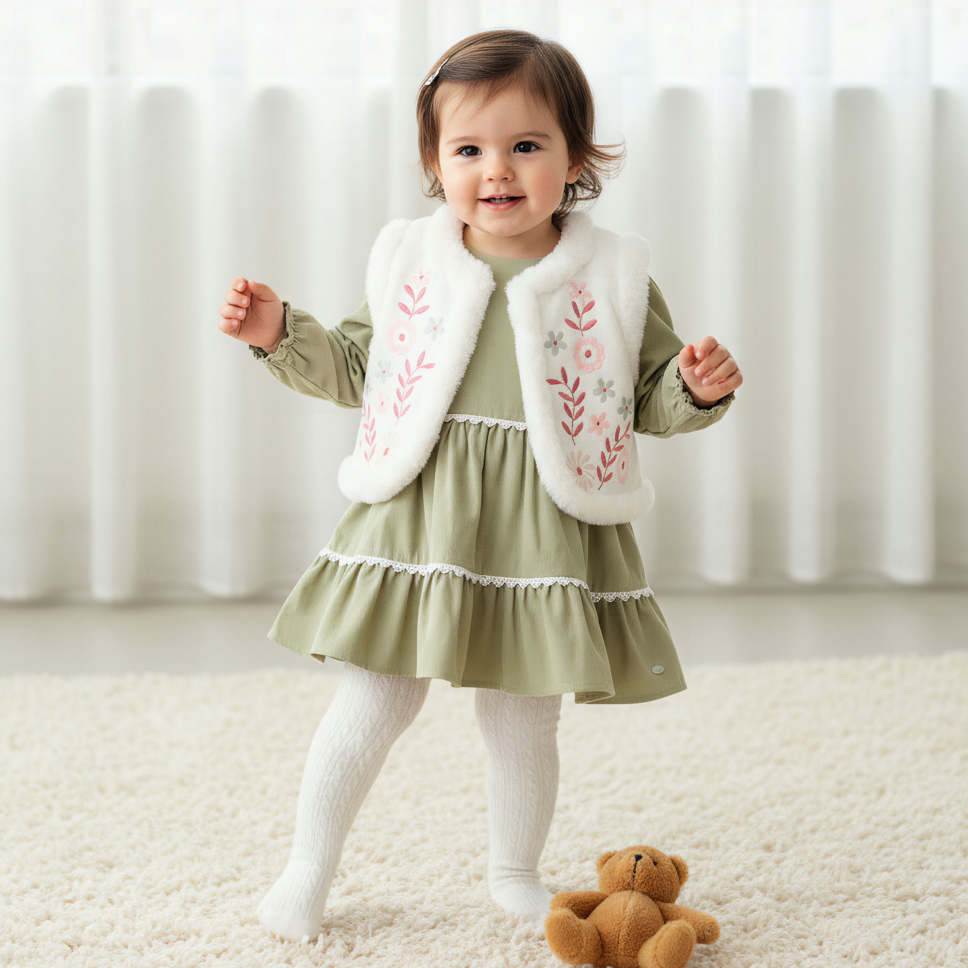 Giggles Embroidered Tiered Dress with Sweater and Stockings-baby-girls-clothing-winterwear-dresses-image-1