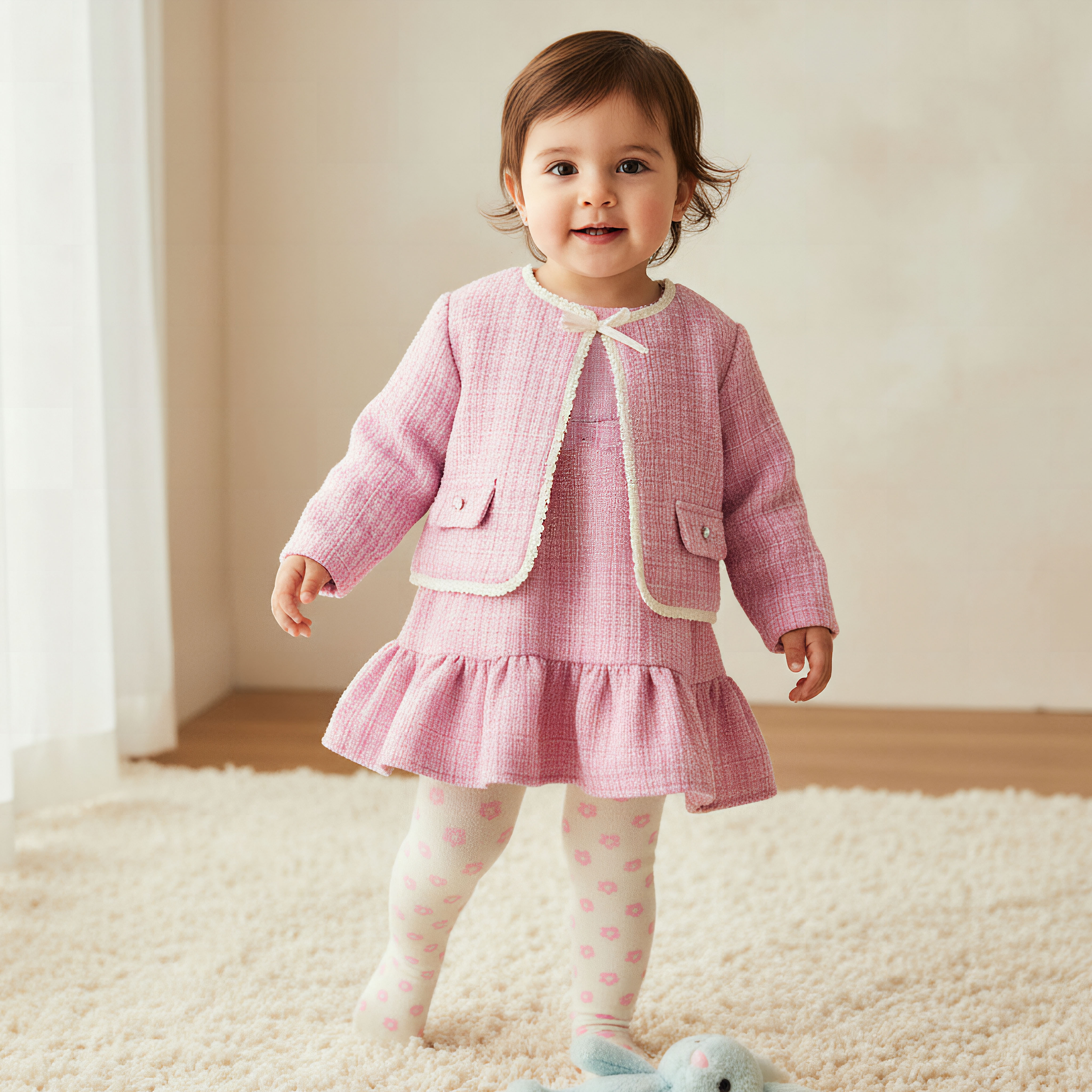 طقم فستان وجاكيت وجوارب ضيقة بارز الملمس من جيجلز-baby-girls-clothing-winterwear-dresses-image-1