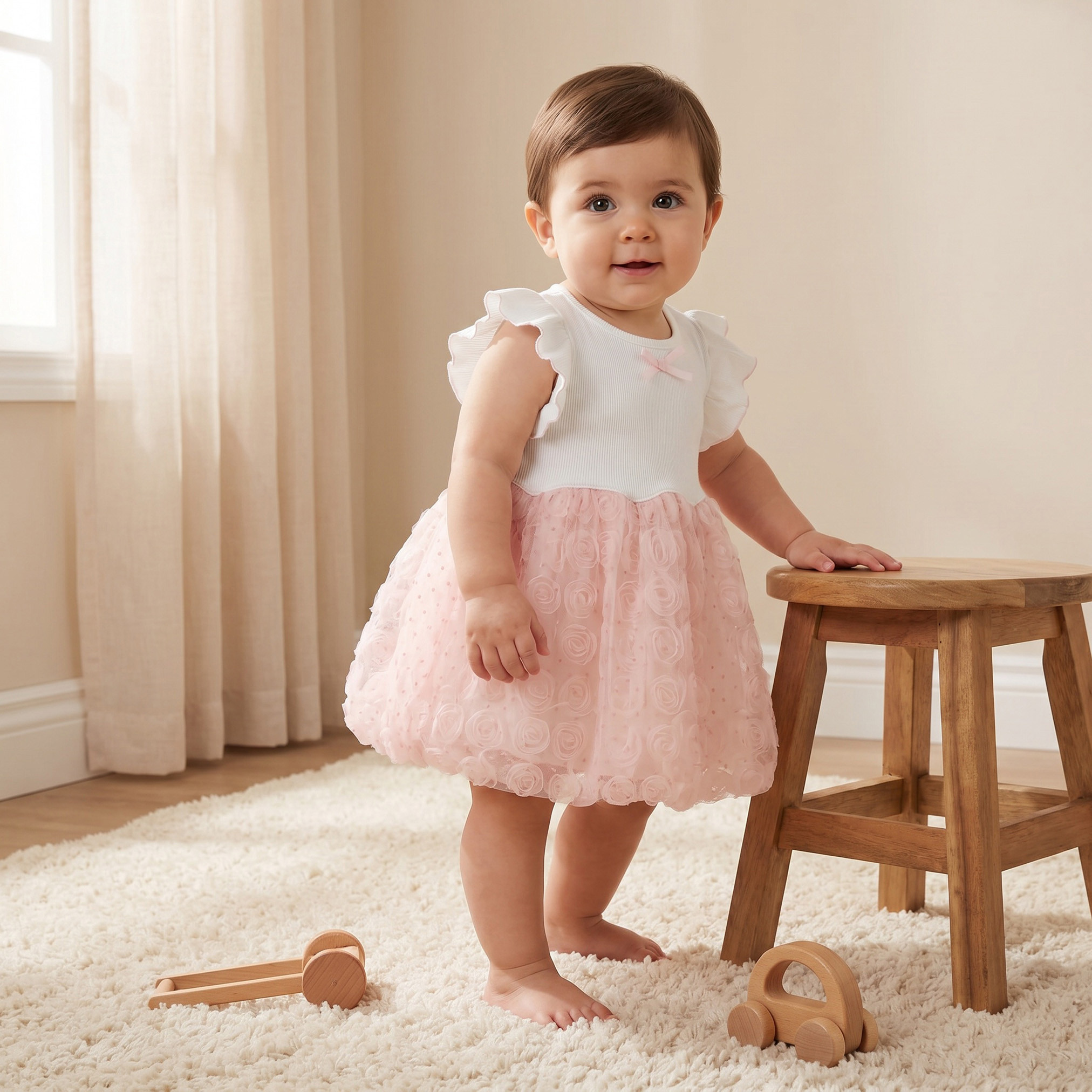 فستان إيه لاين بتصميم تول مورد وأكمام كاب وياقة مستديرة من جيجلز-baby-girls-clothing-dressesandjumpsuits-image-1