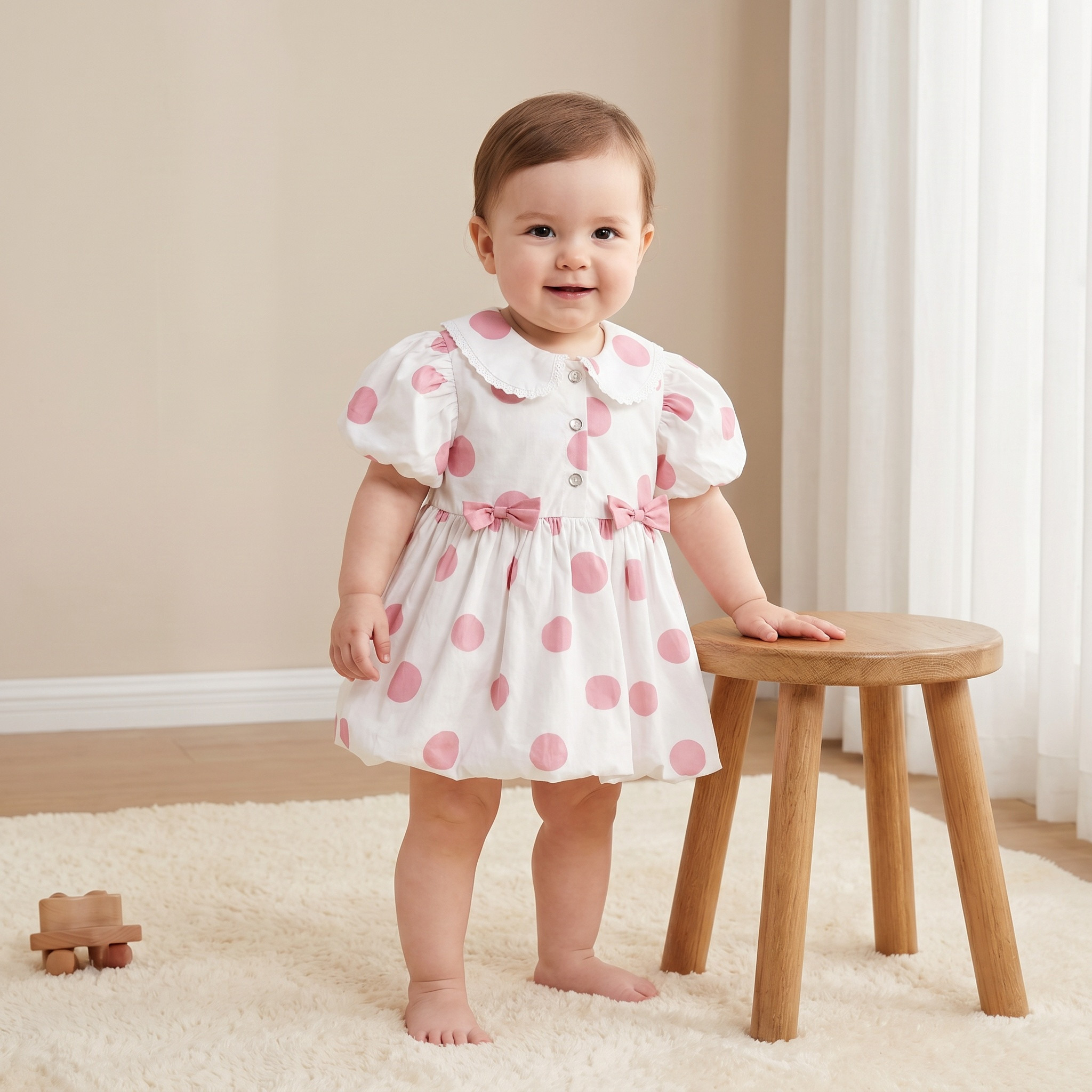 Giggles Peter Pan Collar Short Puff Sleeves Balloon Hem Dress with Polka Dot Print-baby-girls-clothing-dressesandjumpsuits-image-1