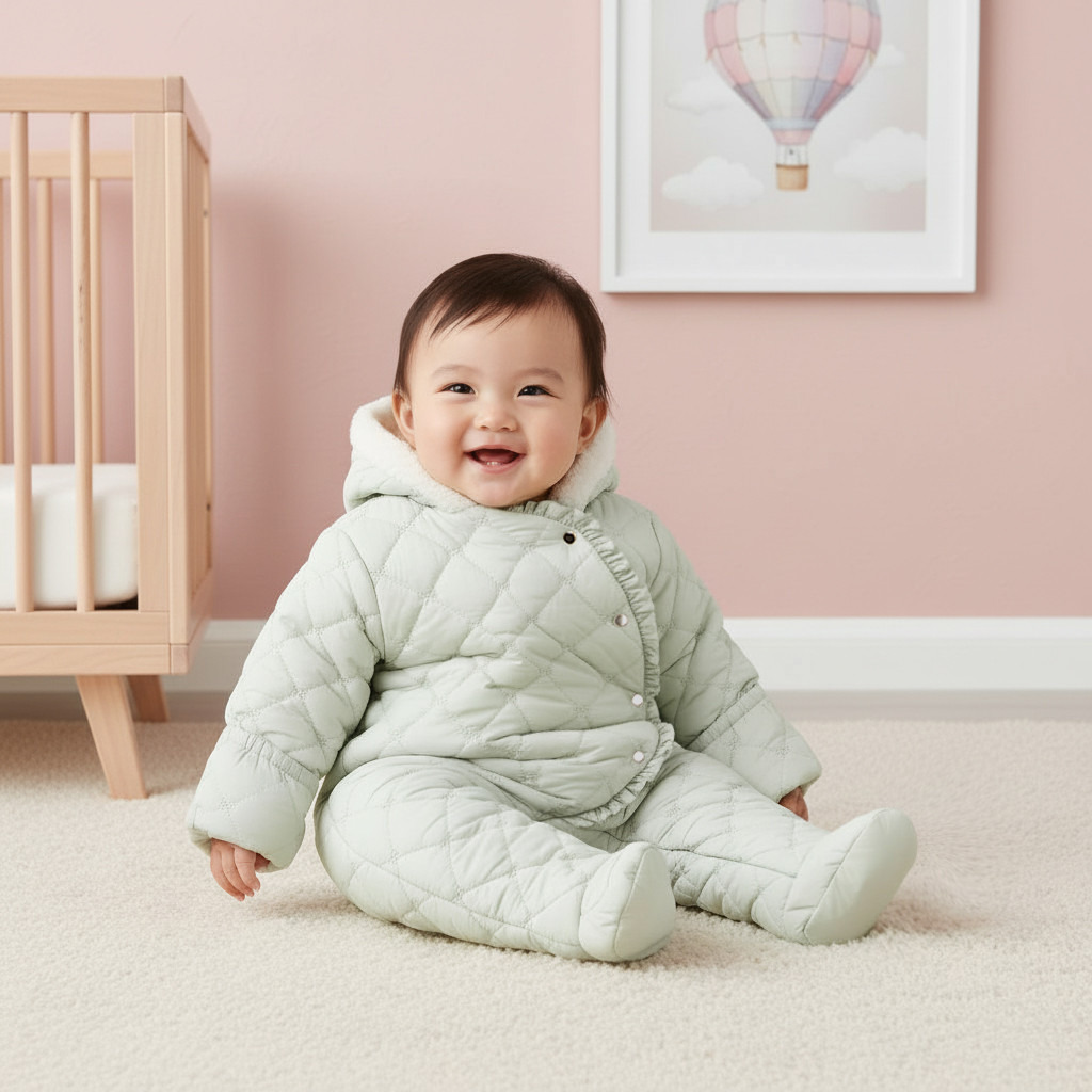 Giggles Quilted Closed Feet Coverall with Hood and Long Sleeves-baby-girls-clothing-winterwear-bodysuits-image-6