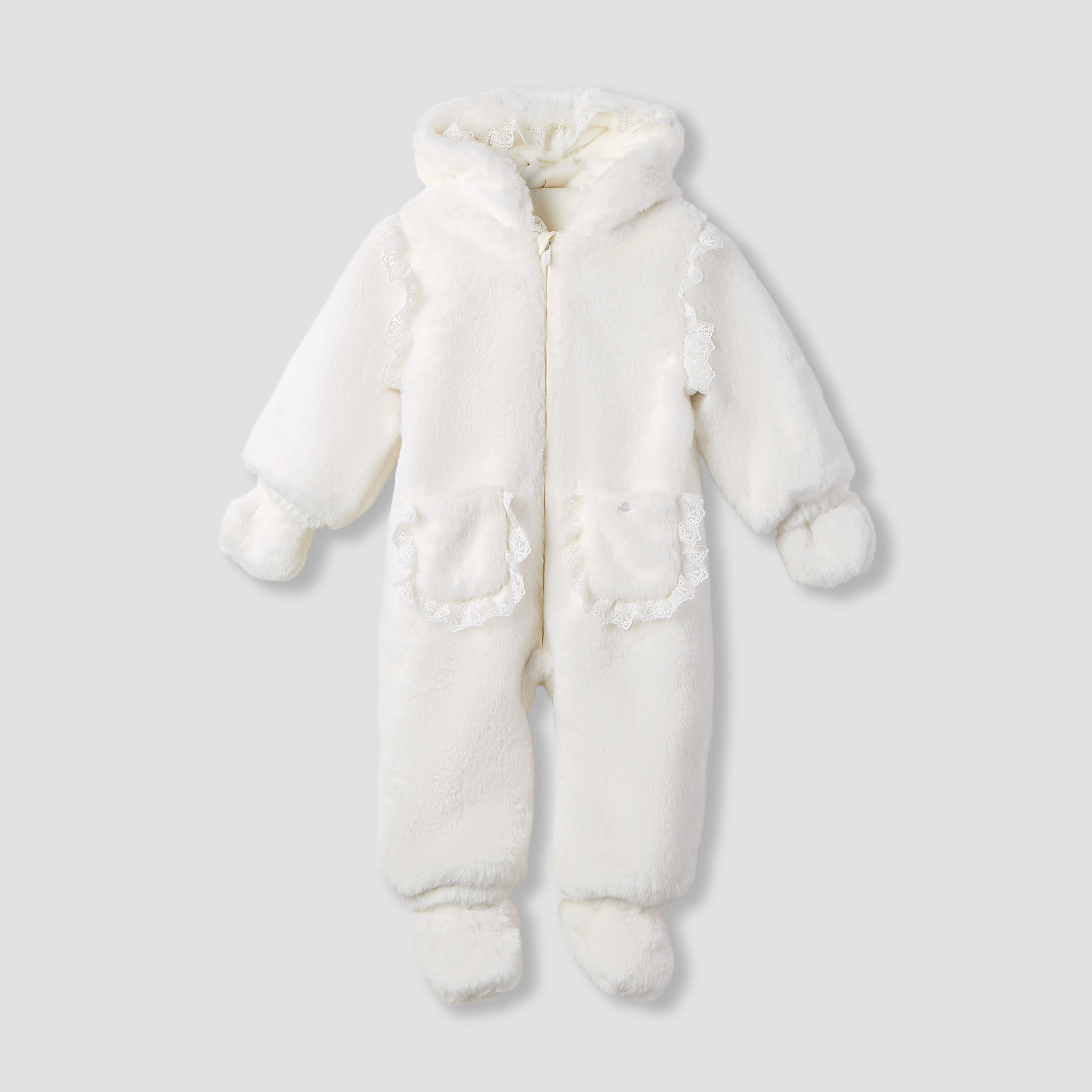 Giggles Lace Trim Plush Hooded Coverall with Long Sleeves-baby-girls-clothing-winterwear-bodysuits-image-1