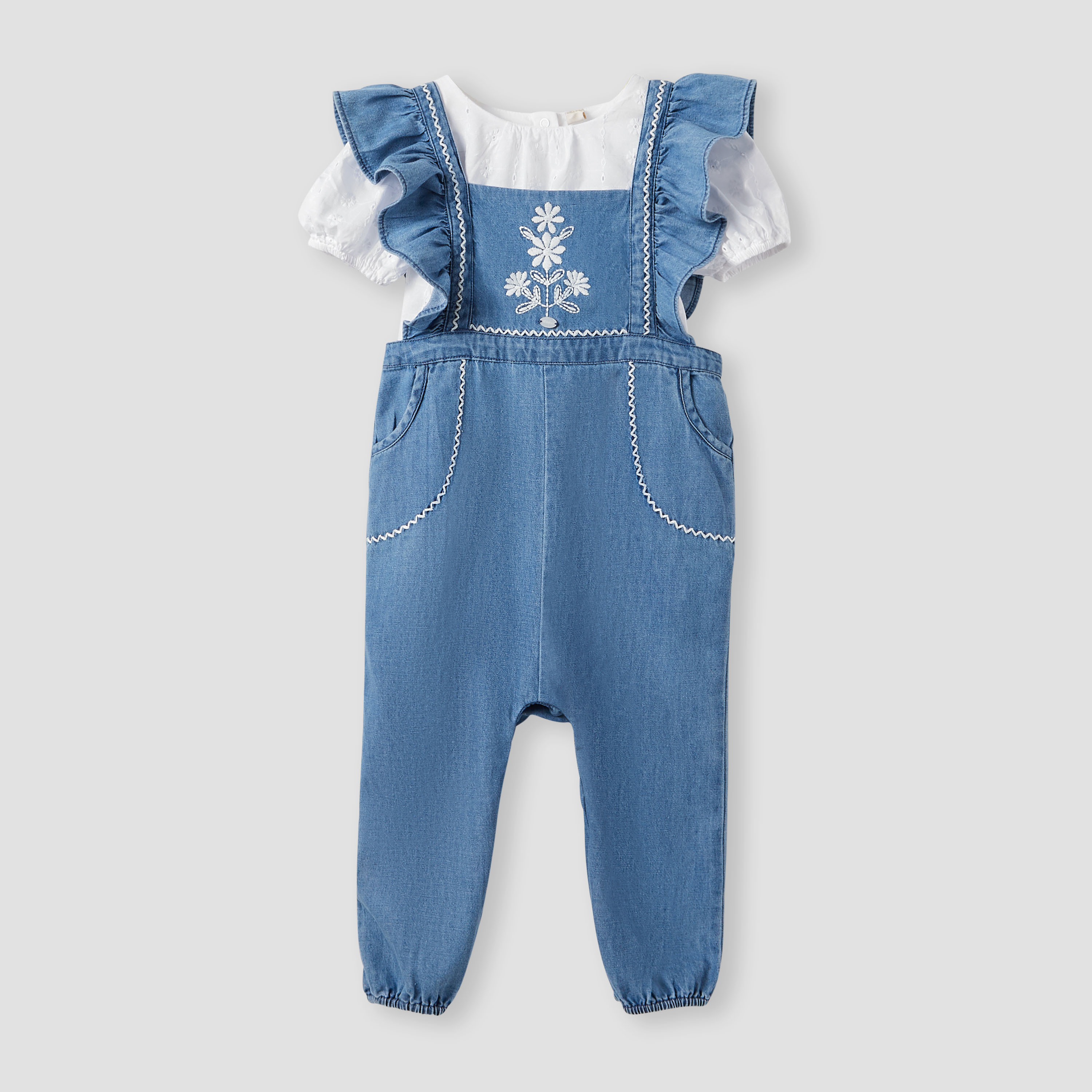 Giggles Embroidered Denim Dungaree and Top Set-baby-girls-clothing-setsandcoords-image-1