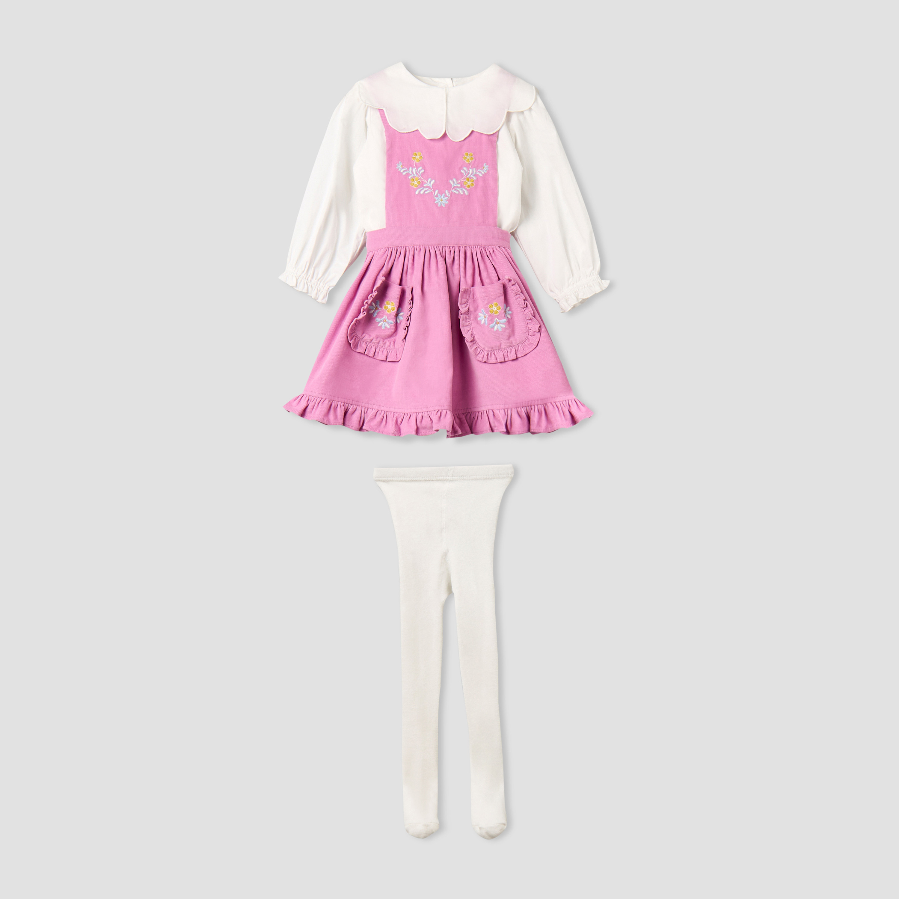Giggles Collared Long Sleeves Top and Pinafore Dress with Tights-baby-girls-clothing-setsandcoords-image-2