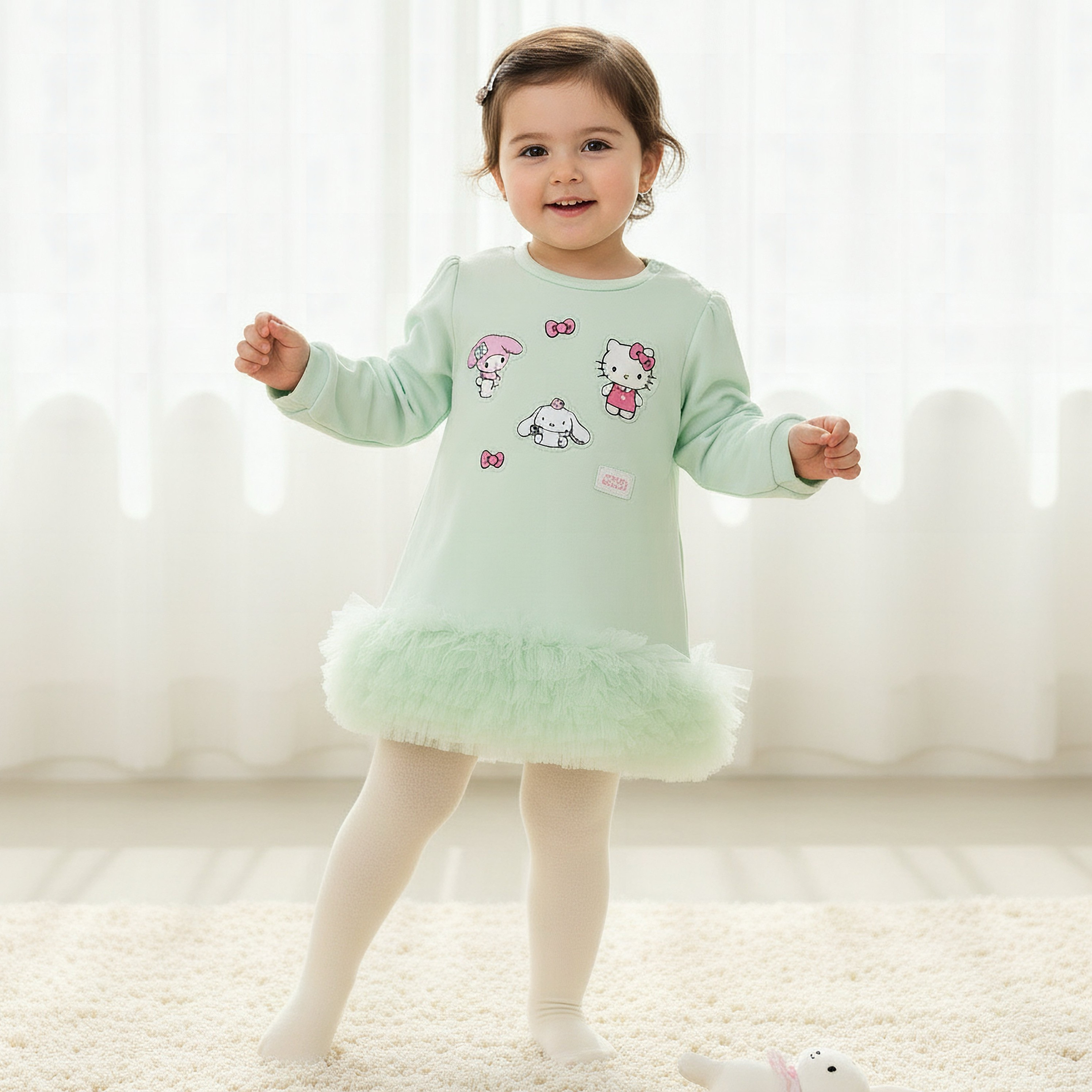 Sanrio Round Neck Long Sleeves Dress with Tights-baby-girls-clothing-setsandcoords-image-1