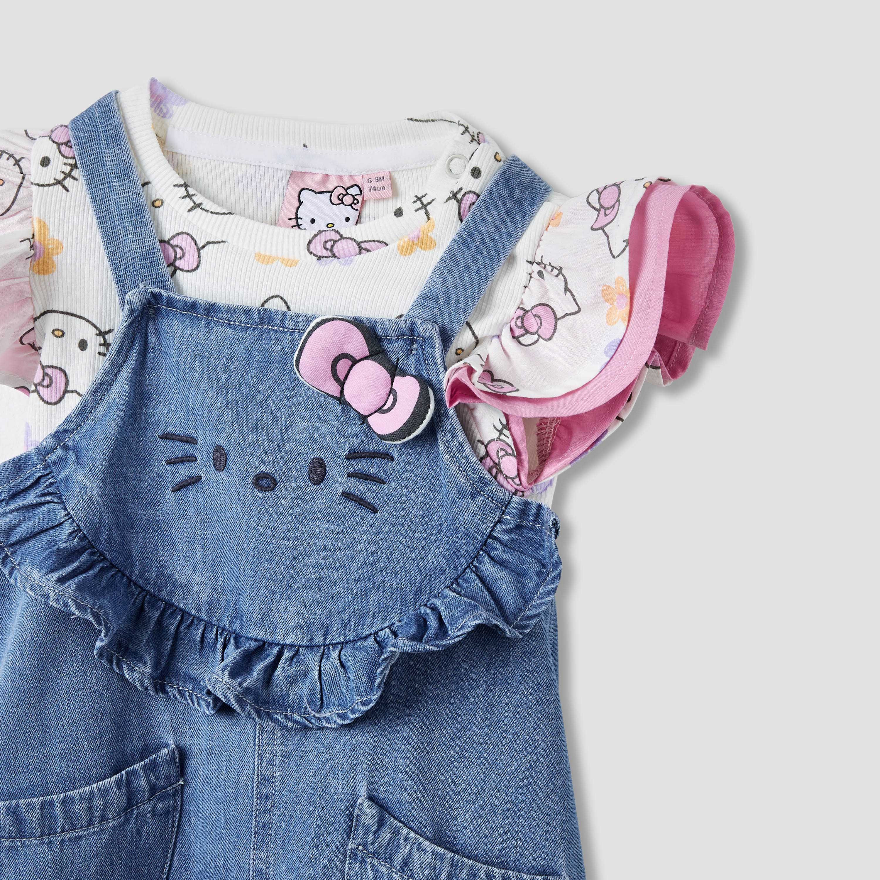 Sanrio Hello Kitty Print T-shirt and Denim Dungaree Set-baby-girls-clothing-setsandcoords-image-4