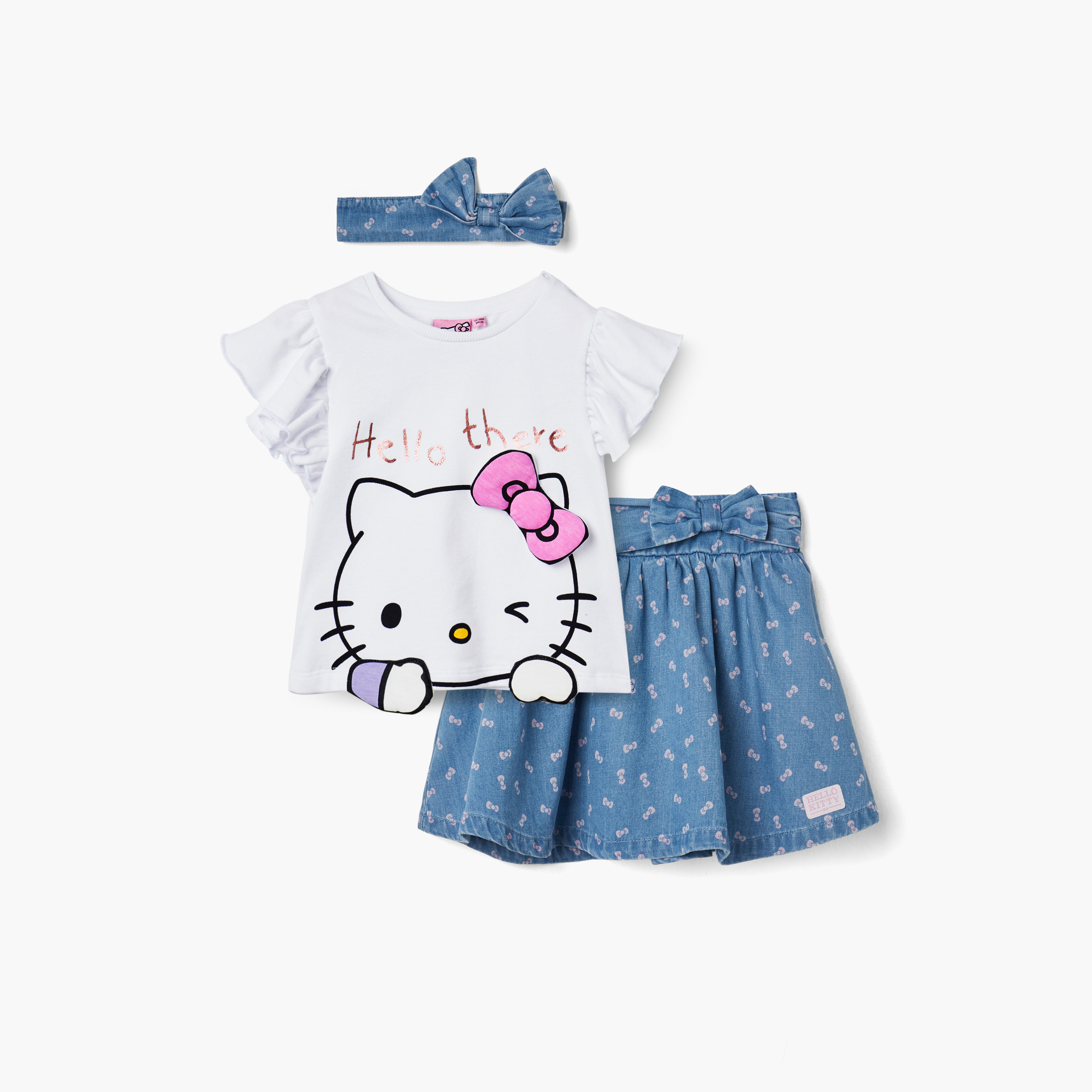 Sanrio Hello Kitty Print T-shirt with Skirt and Hairband-baby-girls-clothing-setsandcoords-image-1