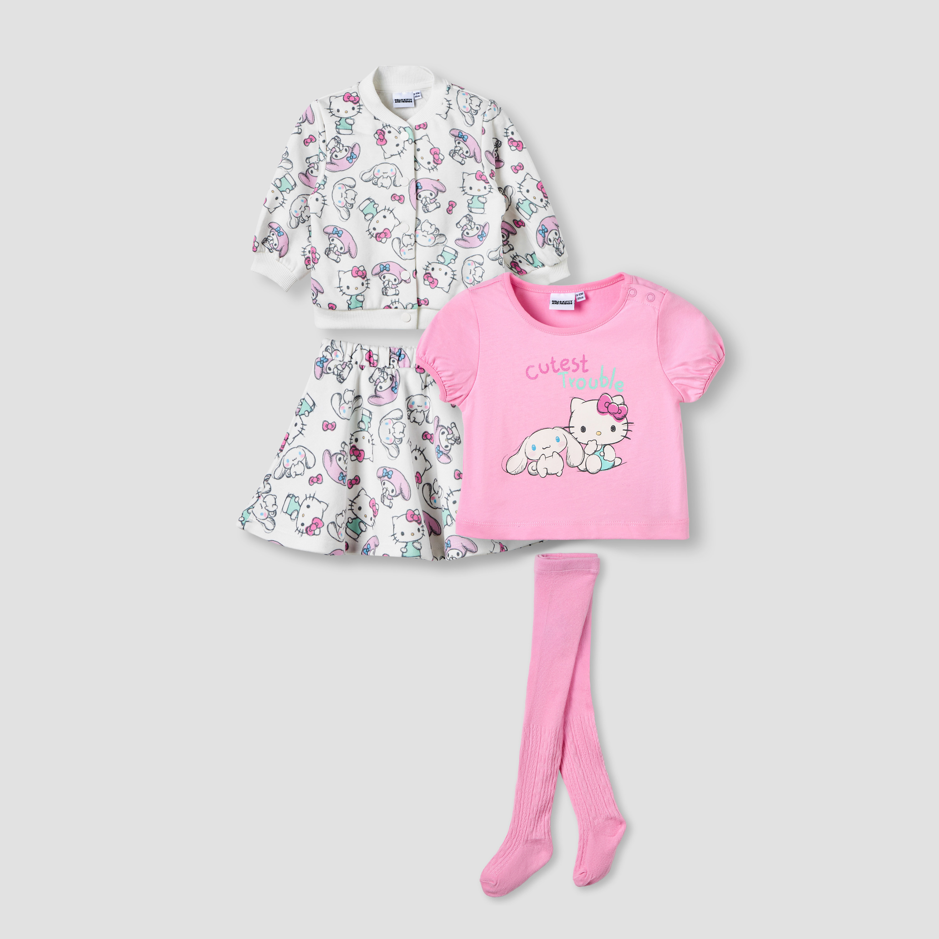 Set of 4 Sanrio Round Neck Long Sleeve Jacket and Skirt Set with Hello Kitty Print-baby-girls-clothing-setsandcoords-image-1