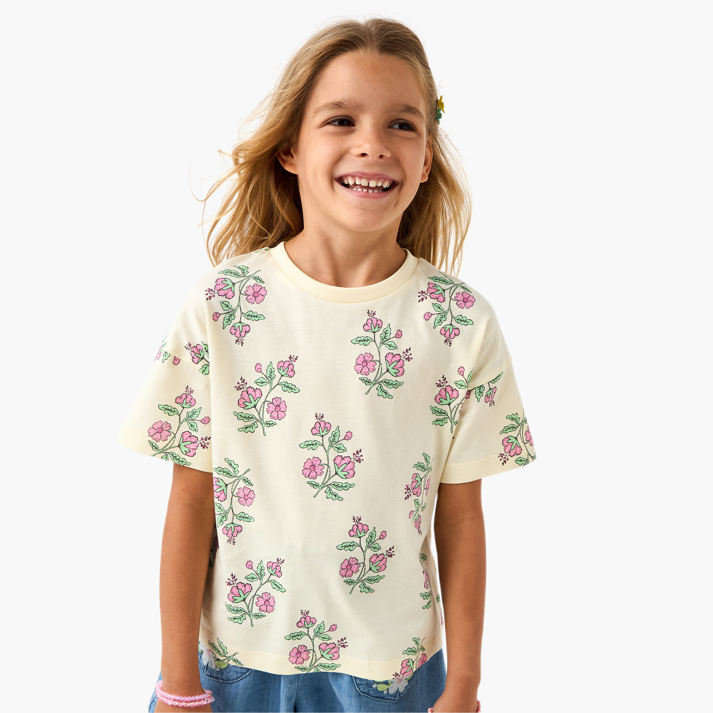 Juniors Floral Print T-shirt with Short Sleeves-girls-clothing-tshirts-image-1