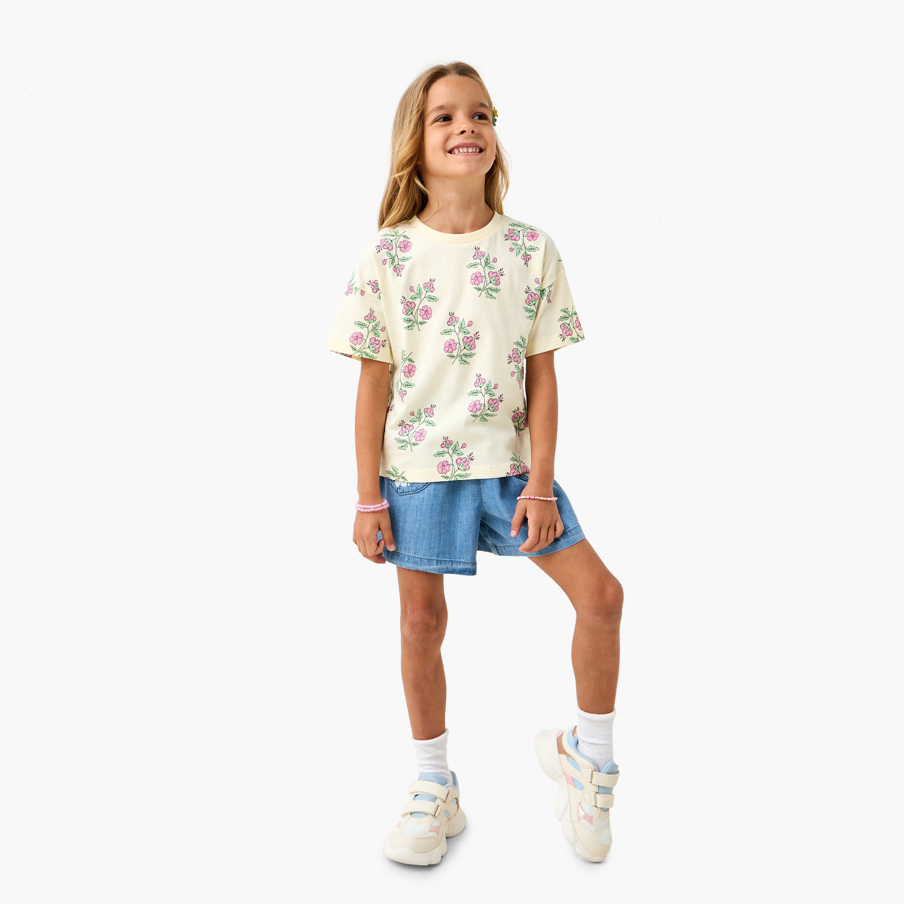 Juniors Floral Print T-shirt with Short Sleeves-girls-clothing-tshirts-image-2