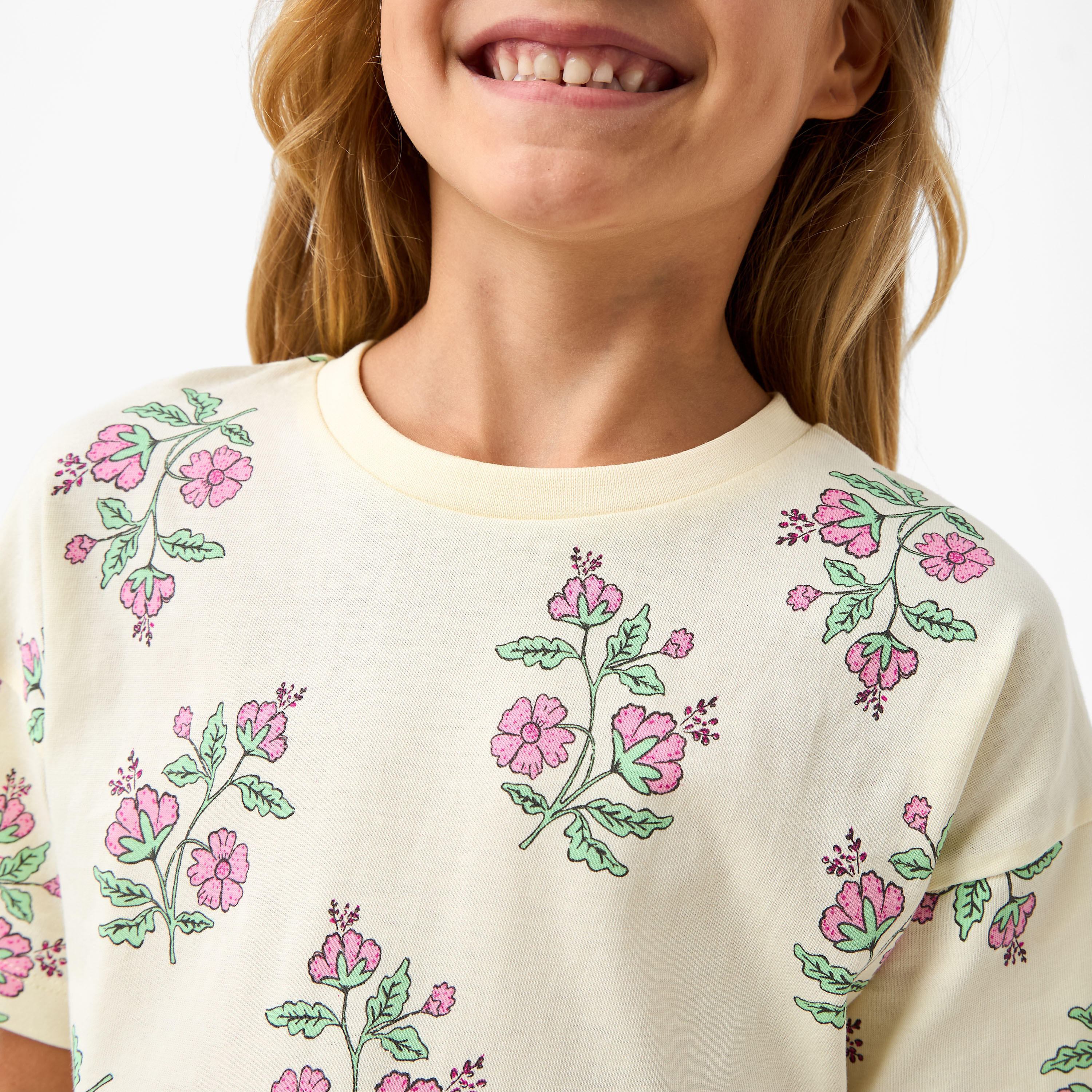 Juniors Floral Print T-shirt with Short Sleeves-girls-clothing-tshirts-image-4