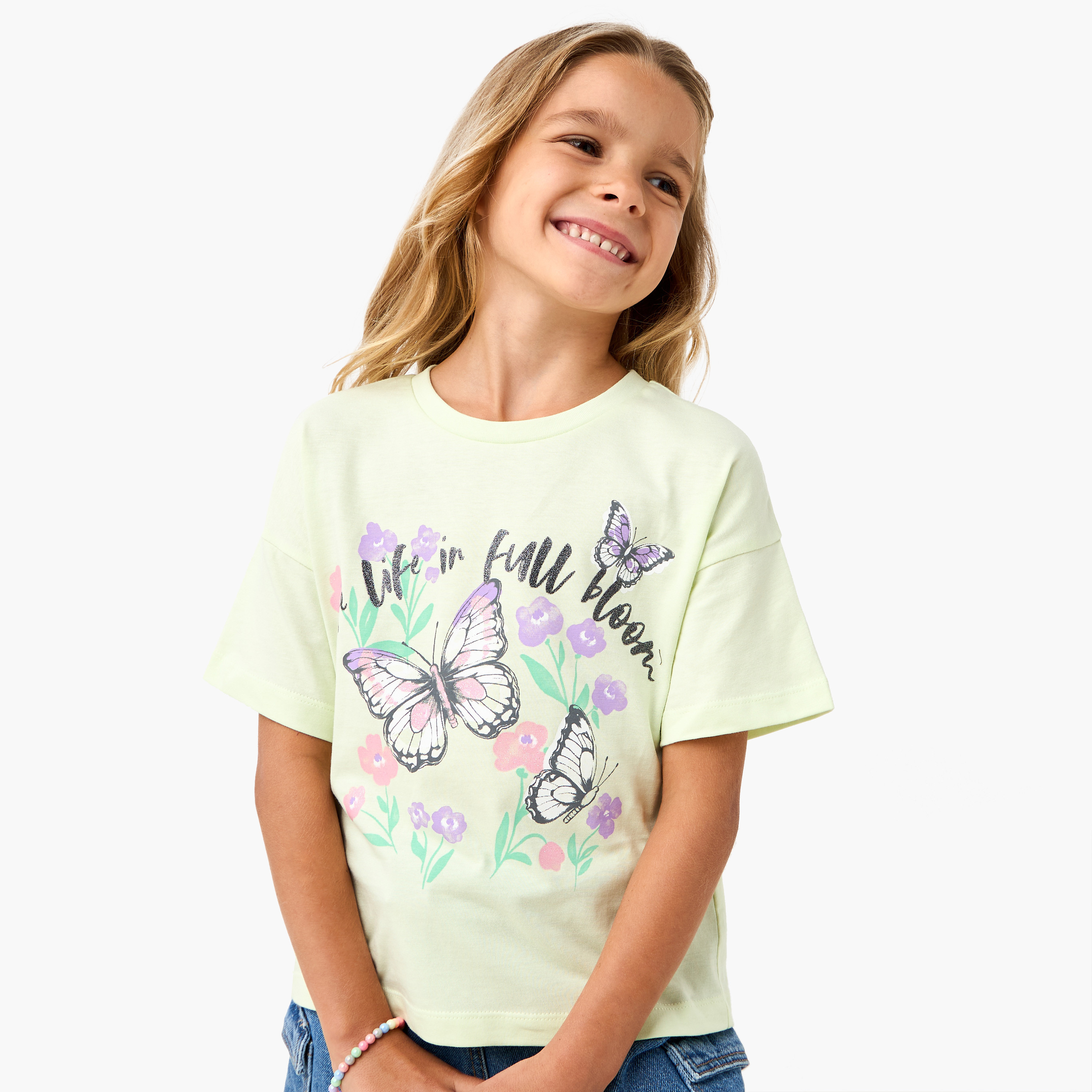 Juniors Butterfly Print T-shirt with Short Sleeves-girls-clothing-tshirts-image-1