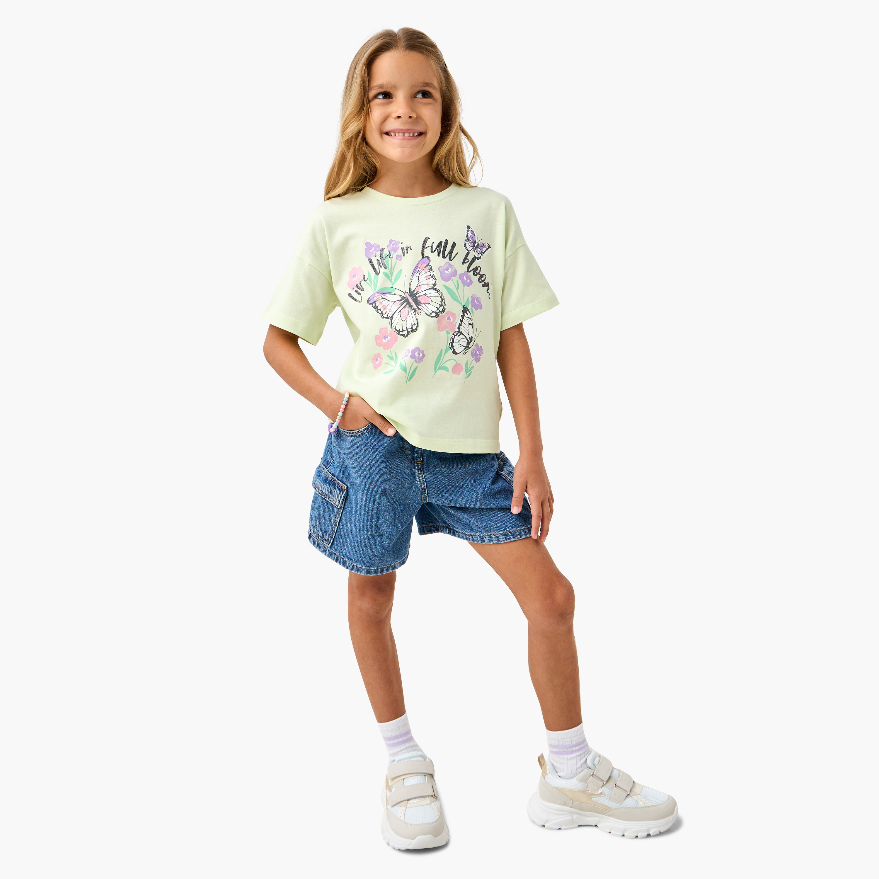 Juniors Butterfly Print T-shirt with Short Sleeves-girls-clothing-tshirts-image-2