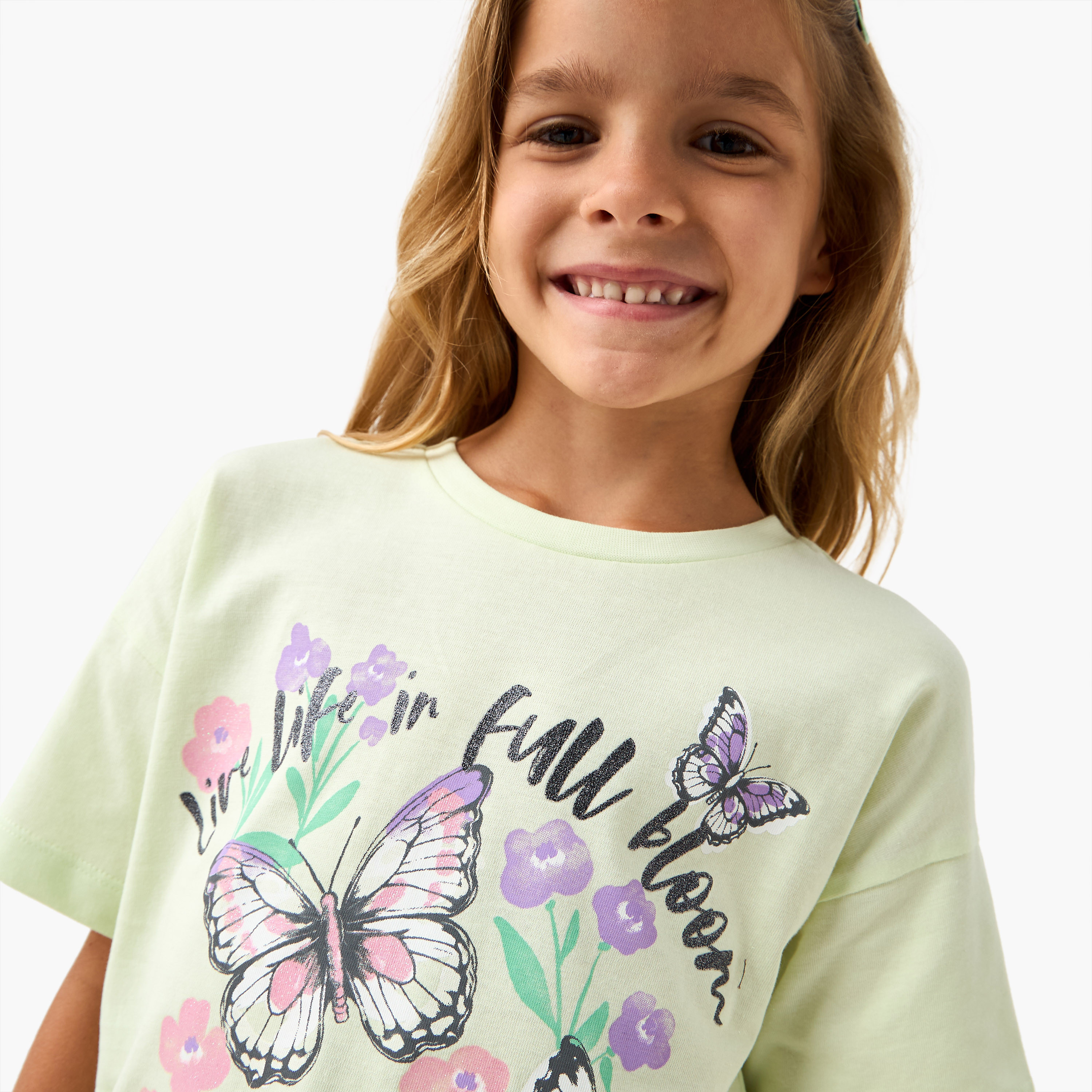 Juniors Butterfly Print T-shirt with Short Sleeves-girls-clothing-tshirts-image-4