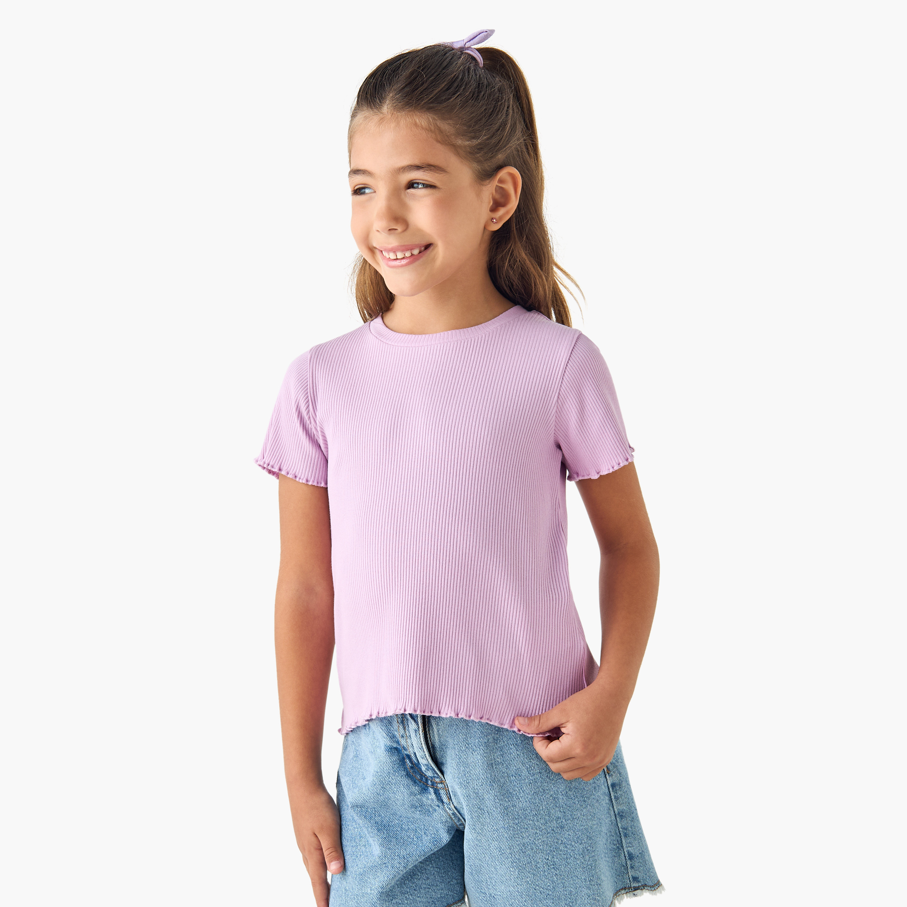 Juniors Ribbed Crew Neck T-shirt with Lettuce Hem-girls-clothing-tshirts-image-1