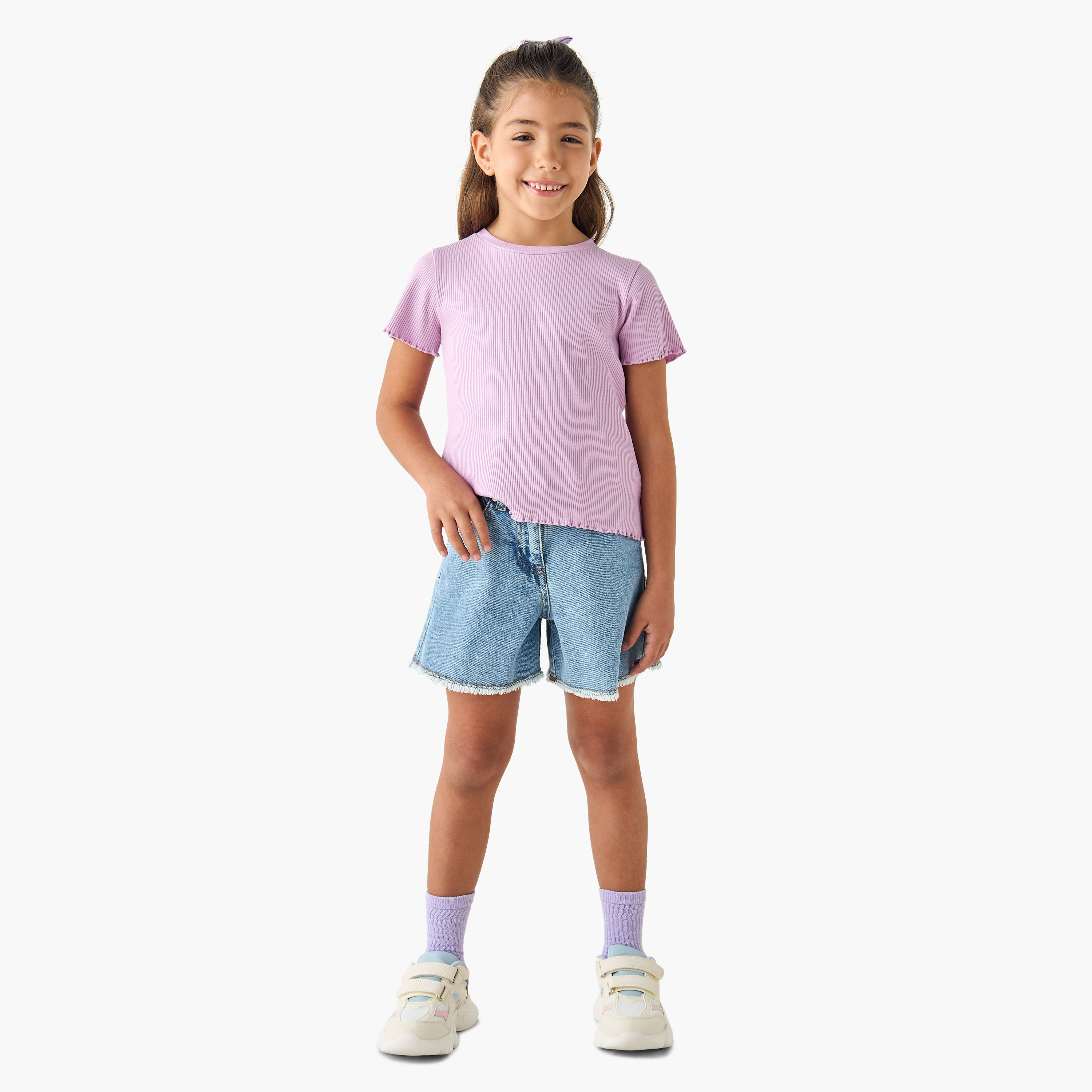 Juniors Ribbed Crew Neck T-shirt with Lettuce Hem-girls-clothing-tshirts-image-2