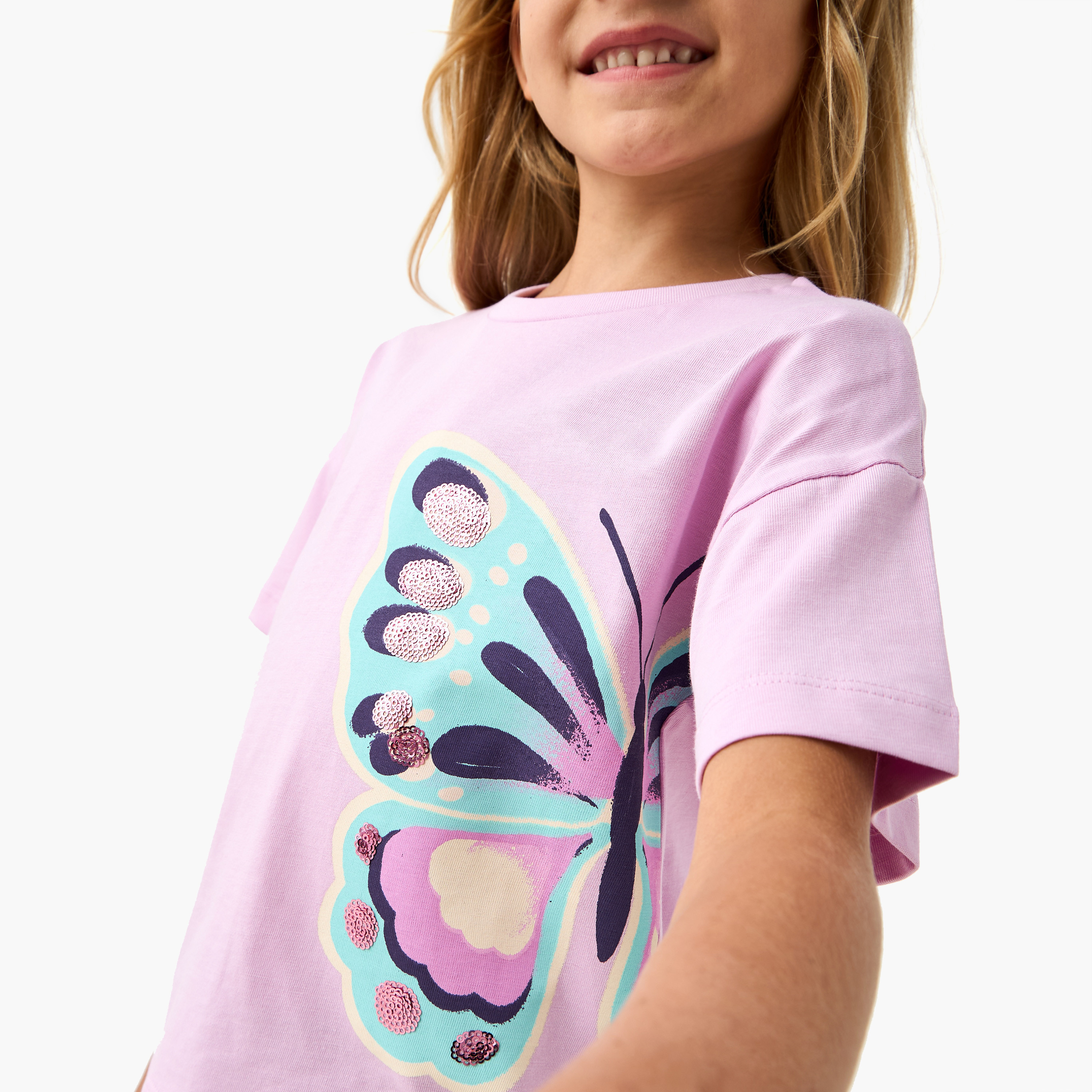 تيشيرت بأكمام منسدلة وطبعات فراشة من جونيورز-girls-clothing-tshirts-image-2