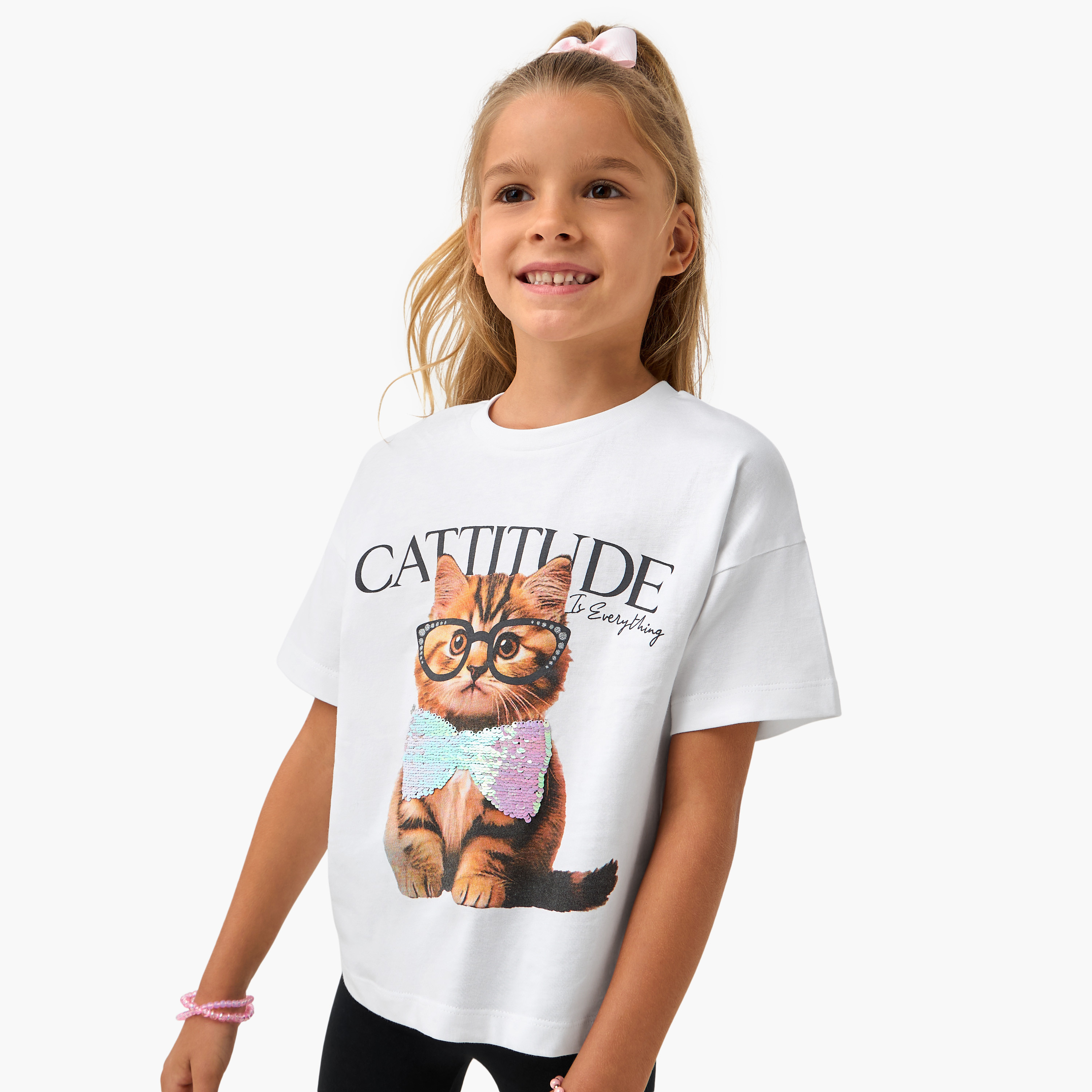 Juniors Sequin Embellished T-shirt with Short Sleeves-girls-clothing-tshirts-image-1