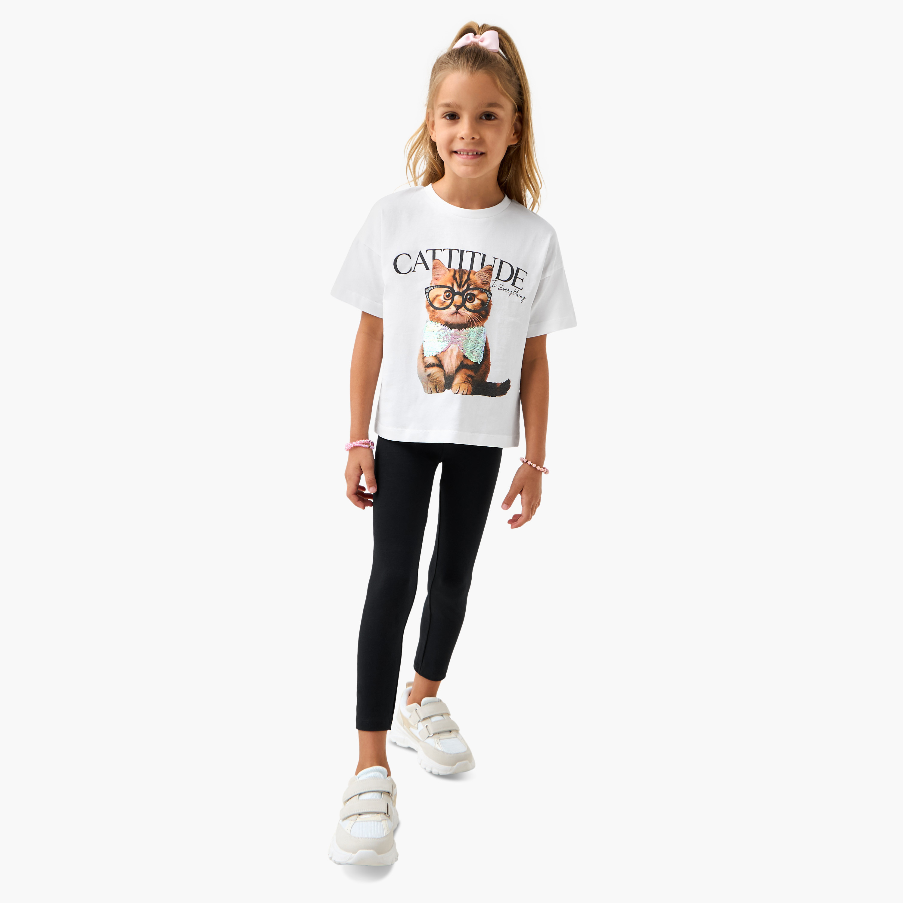 Juniors Sequin Embellished T-shirt with Short Sleeves-girls-clothing-tshirts-image-2