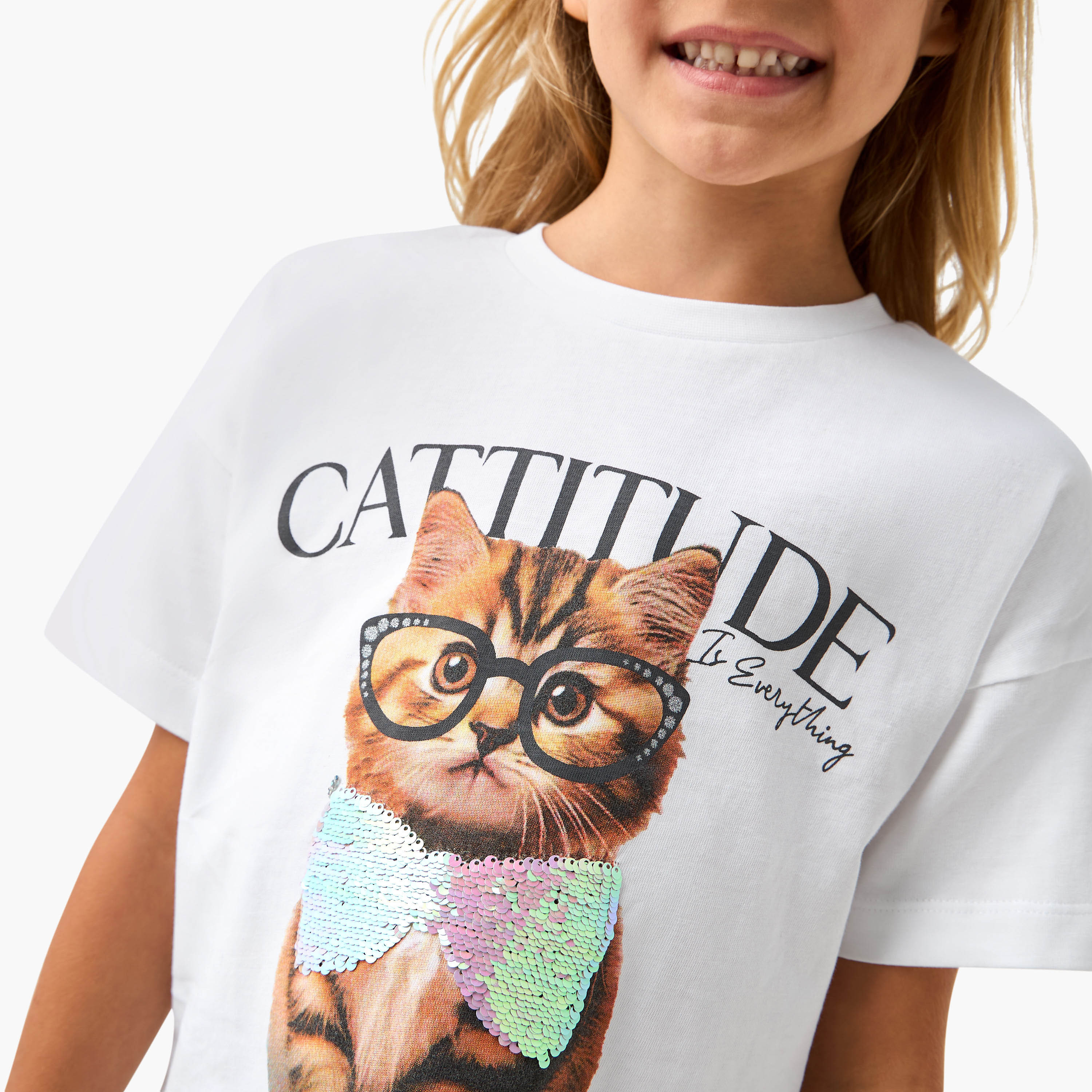 Juniors Sequin Embellished T-shirt with Short Sleeves-girls-clothing-tshirts-image-4