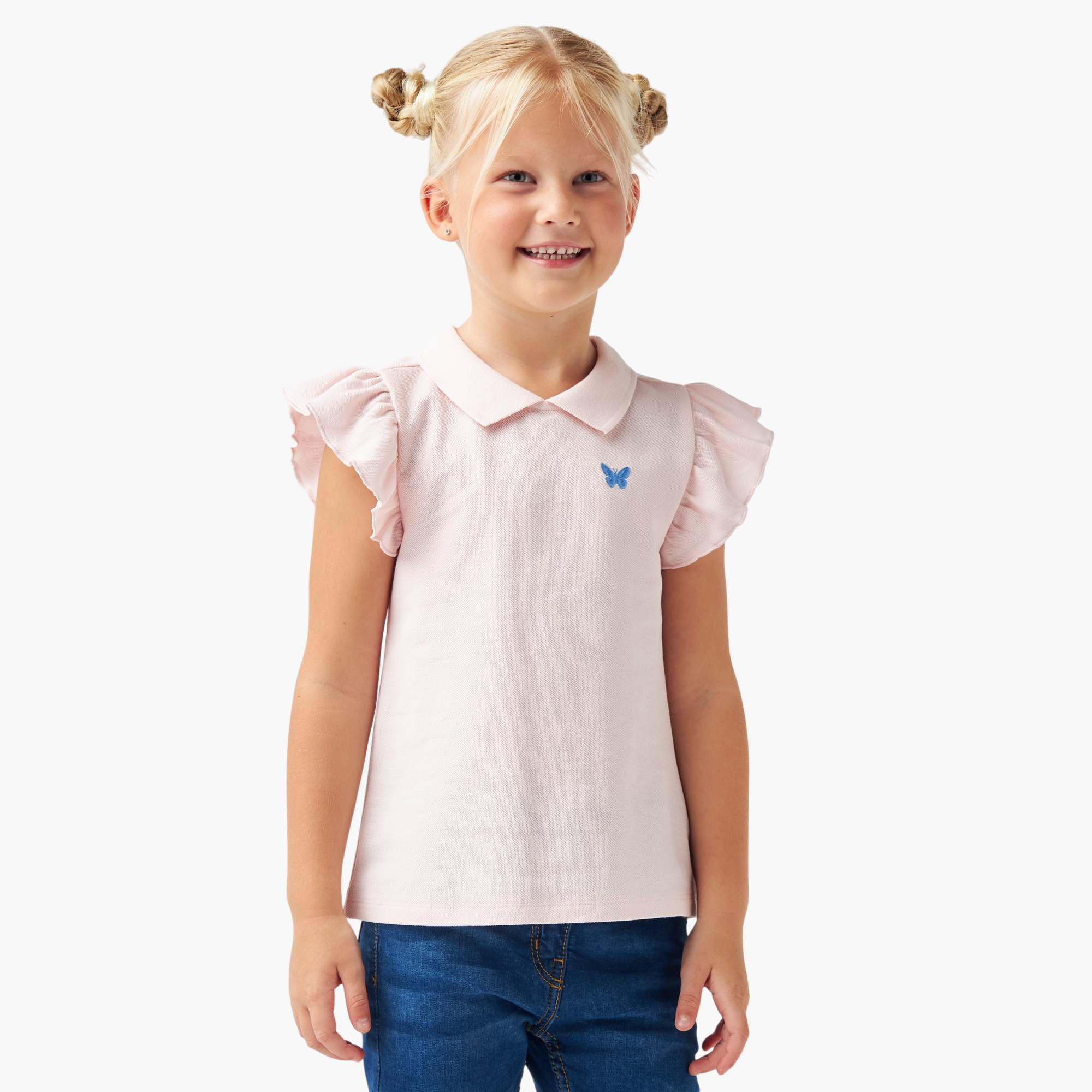 Juniors Embroidered Detail Polo T-shirt with Short Sleeves-girls-clothing-tshirts-image-1