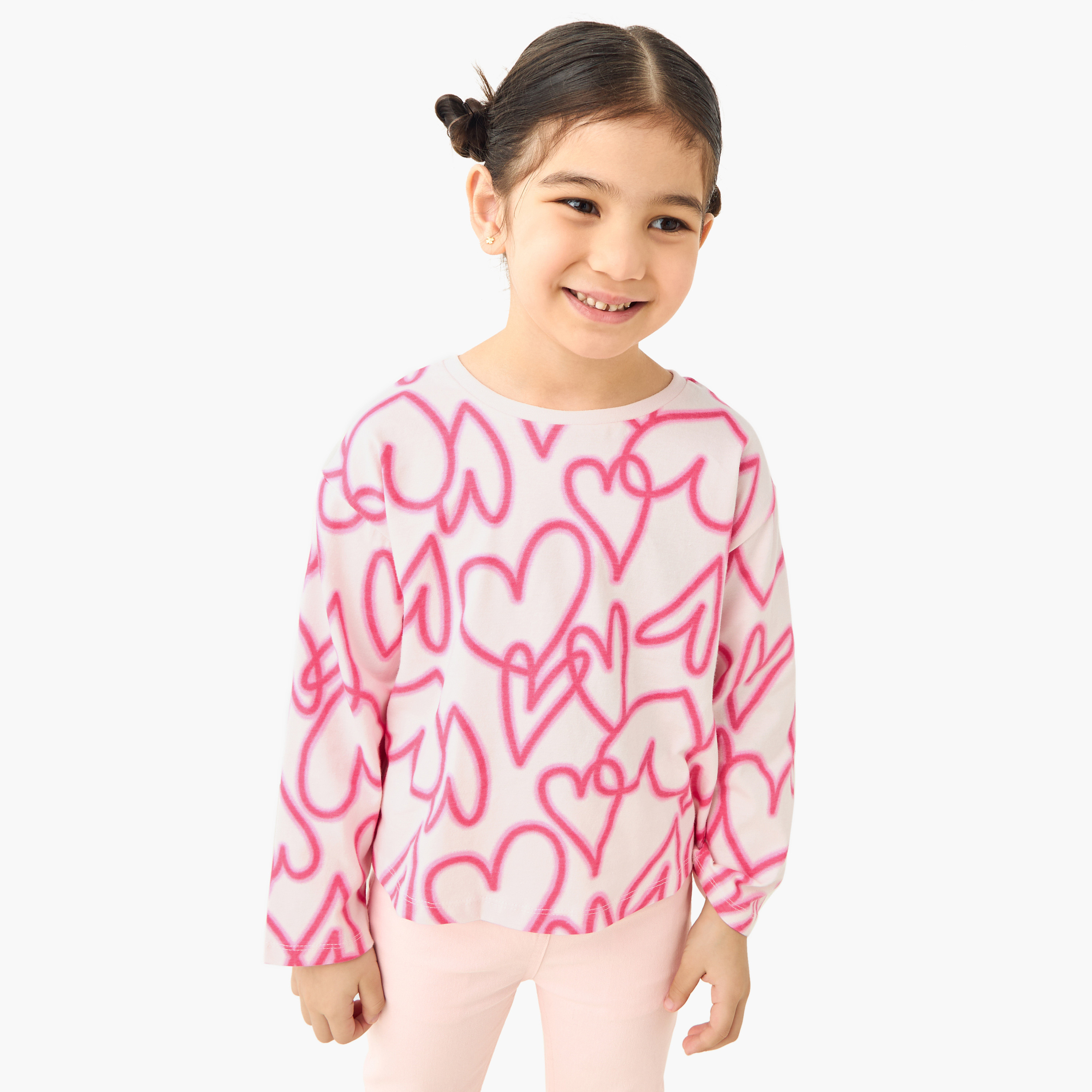 Juniors Heart Print T-shirt with Long Sleeves-girls-clothing-tshirts-image-1