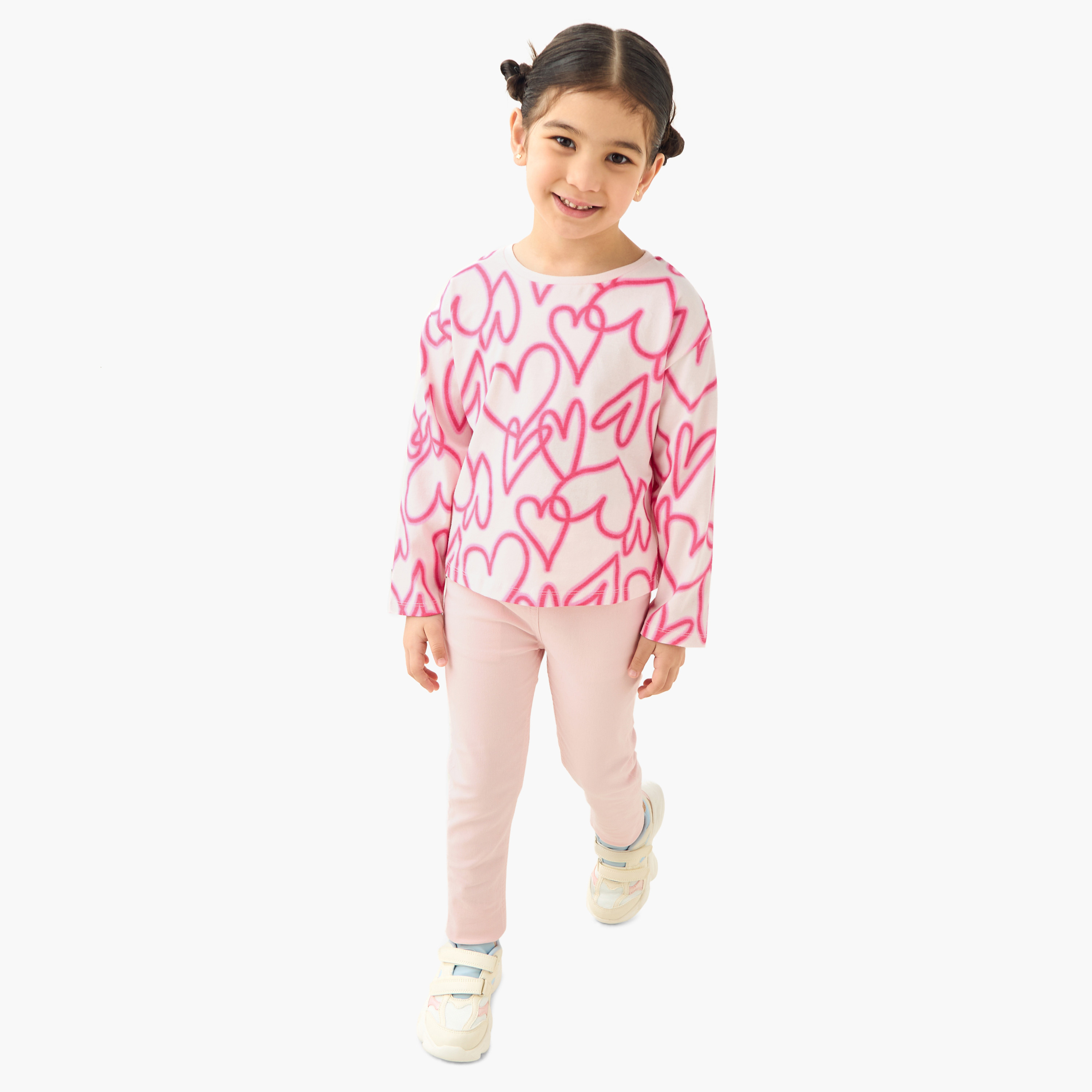 Juniors Heart Print T-shirt with Long Sleeves-girls-clothing-tshirts-image-2