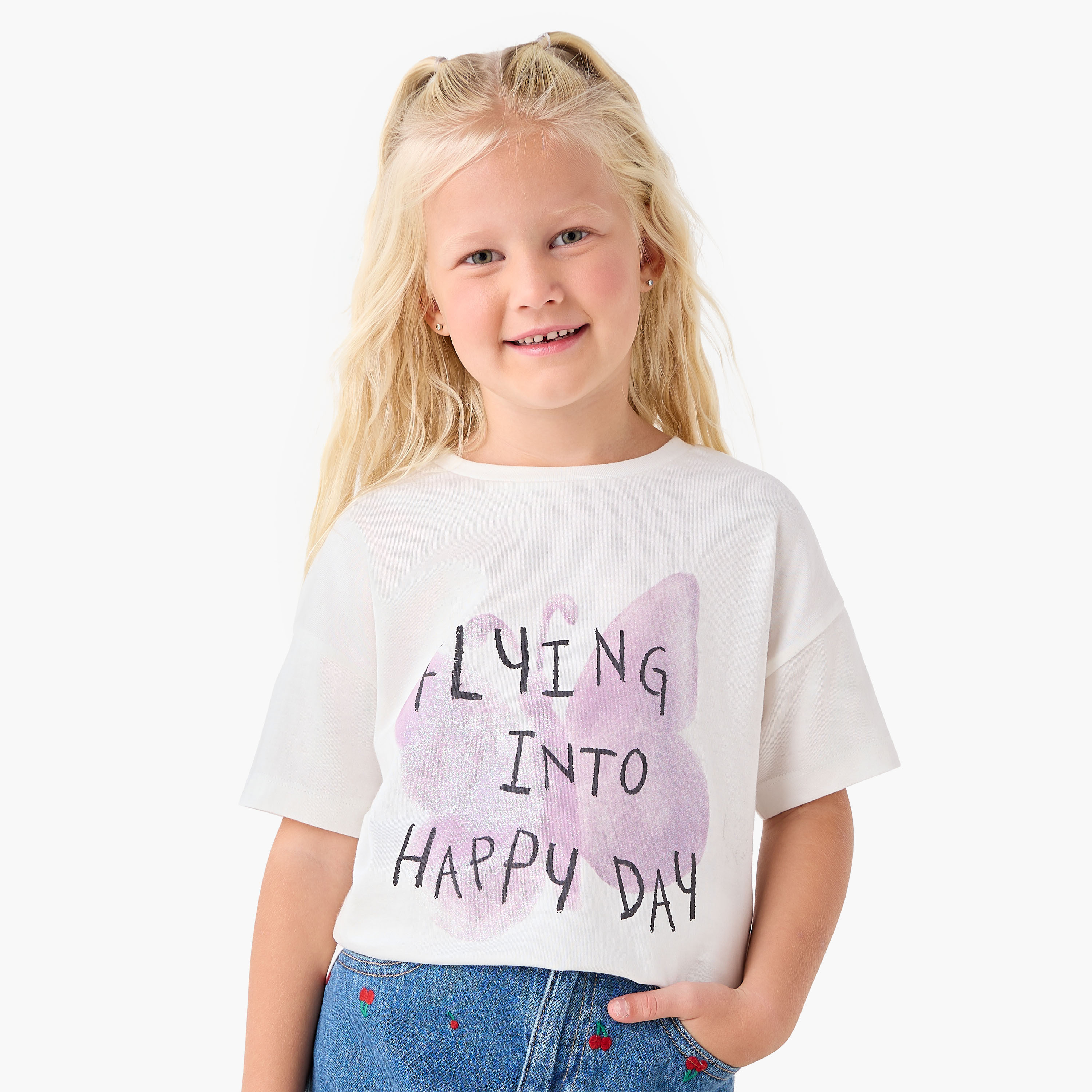 Juniors Slogan Print T-shirt with Short Sleeves-girls-clothing-tshirts-image-1