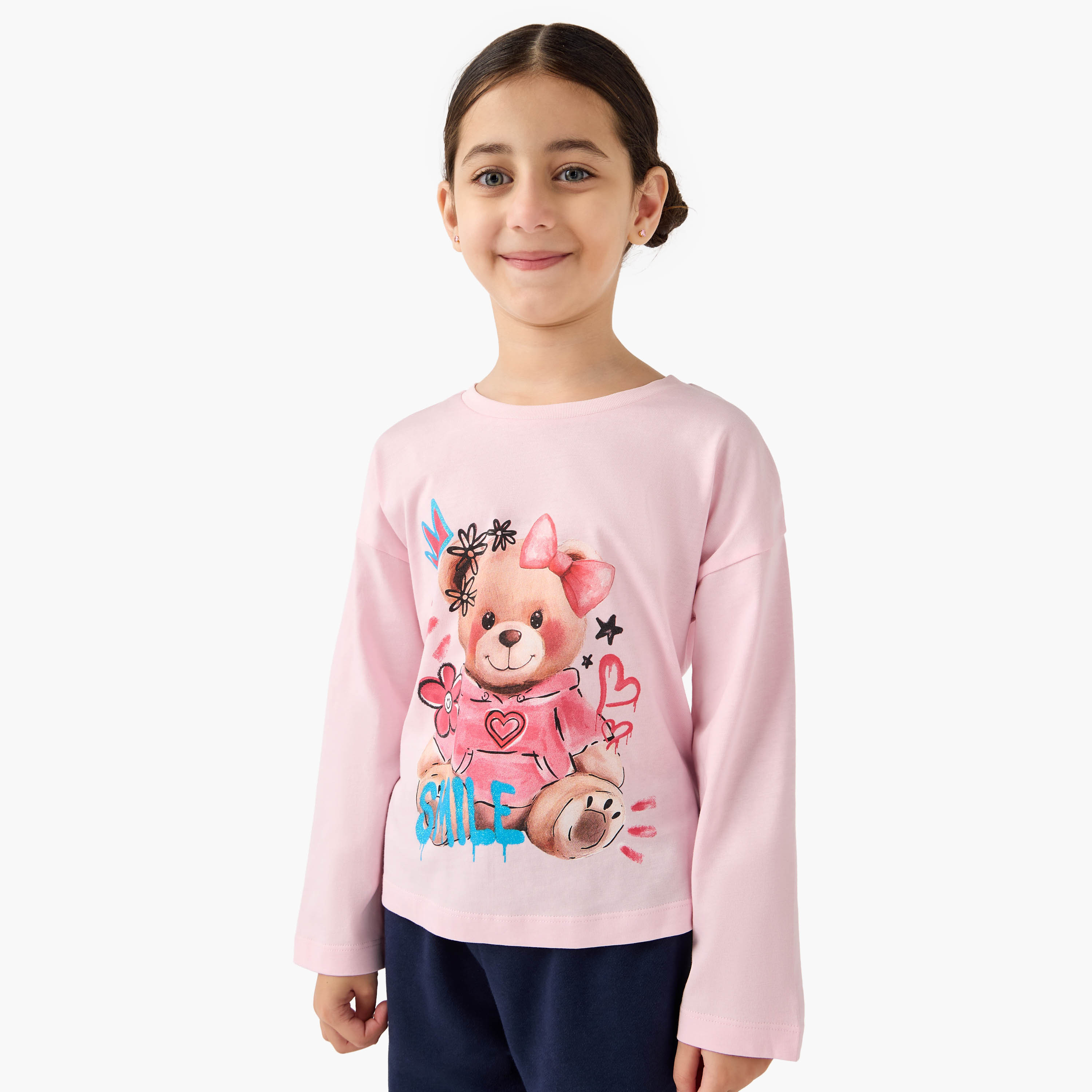 Juniors Teddy Bear Print T-shirt with Long Sleeves-girls-clothing-tshirts-image-1