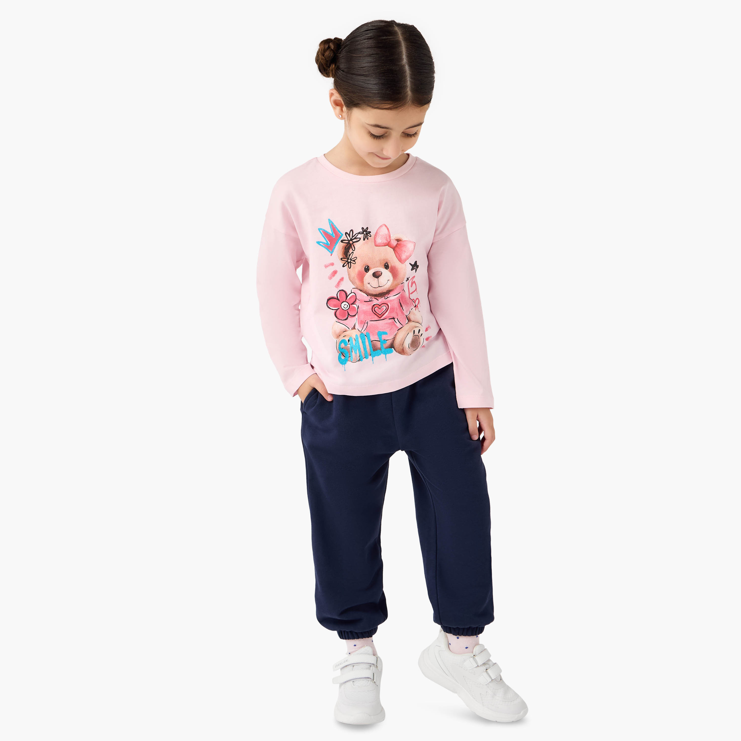 Juniors Teddy Bear Print T-shirt with Long Sleeves-girls-clothing-tshirts-image-2