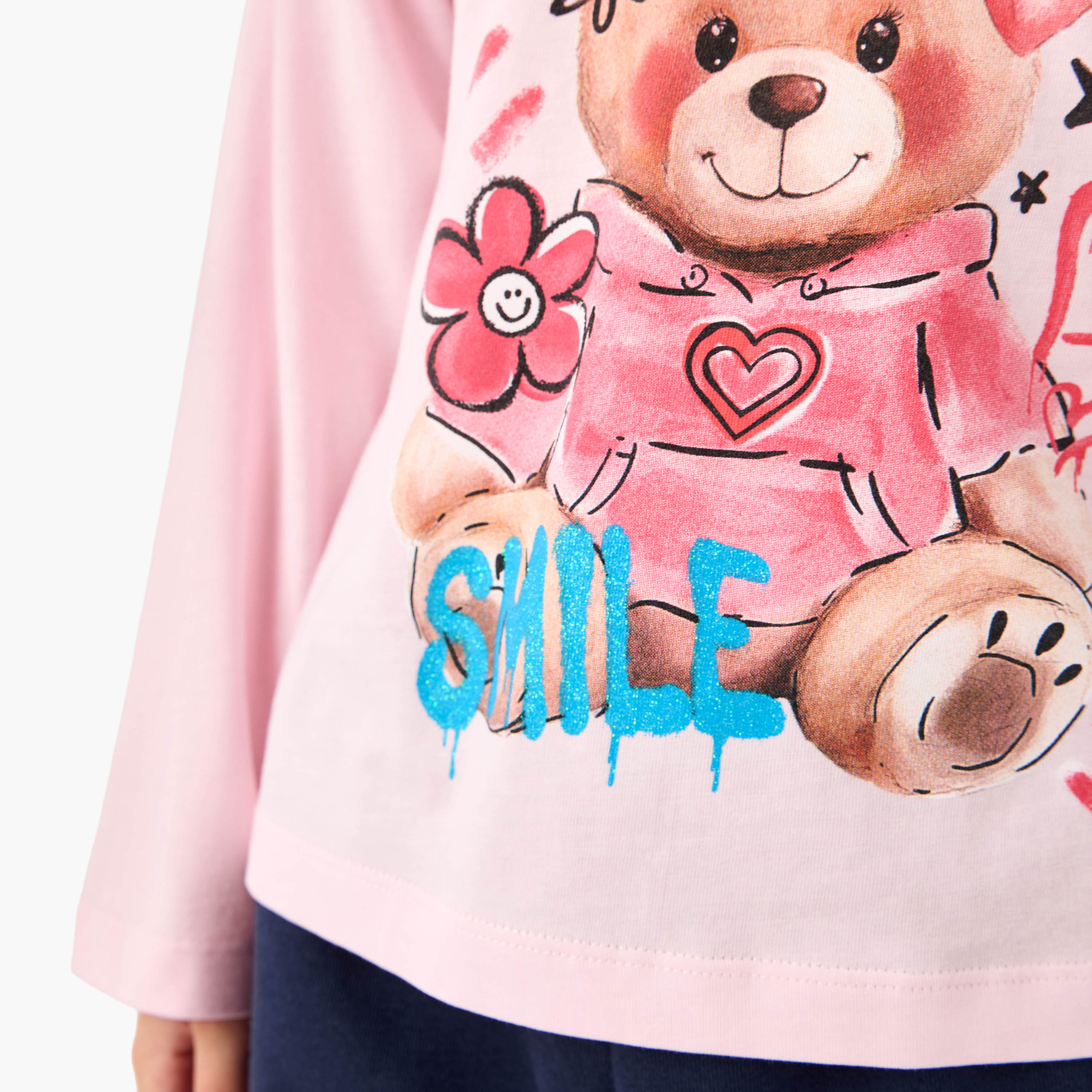 Juniors Teddy Bear Print T-shirt with Long Sleeves-girls-clothing-tshirts-image-4