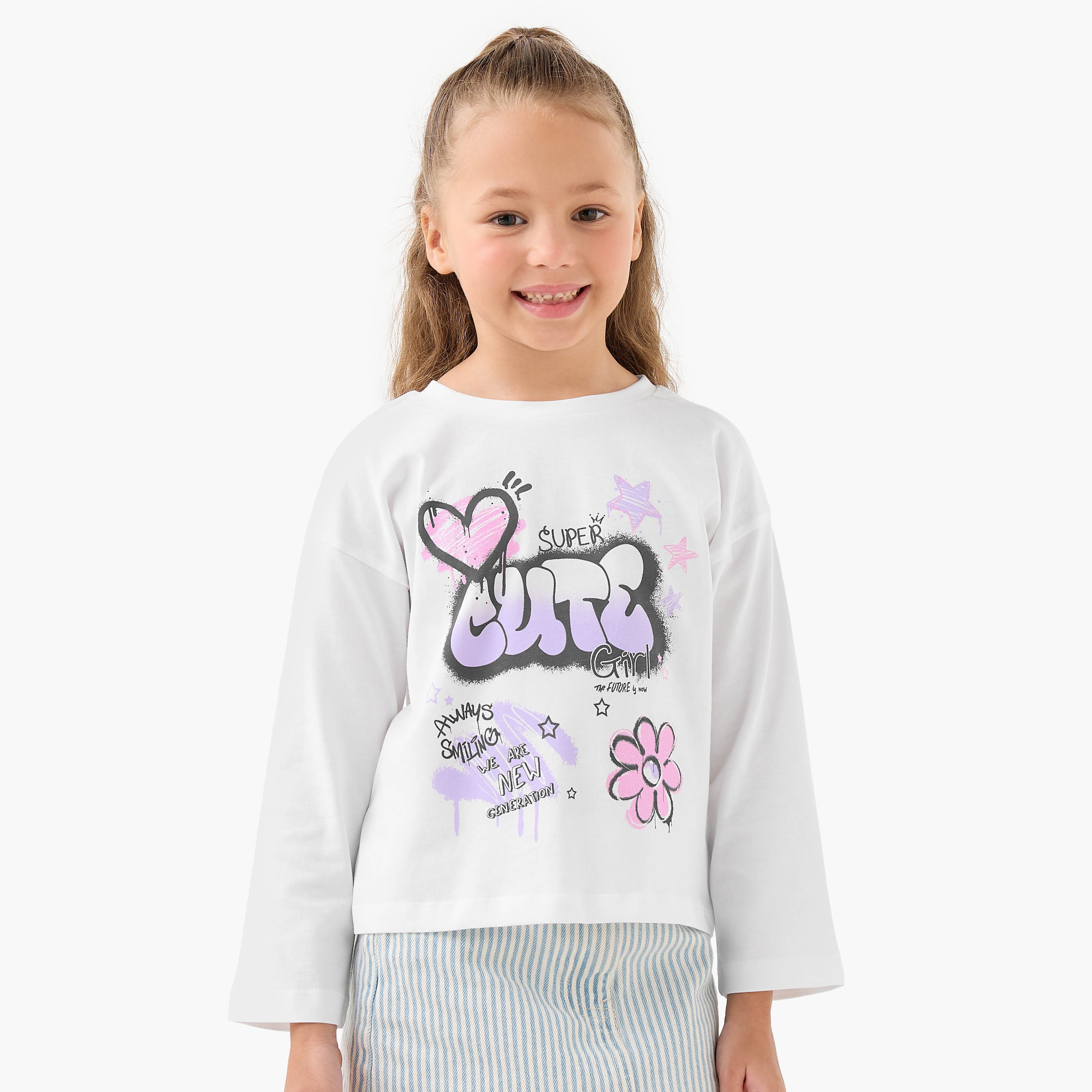 Juniors Graffiti Print Long Sleeve T-shirt with Crew Neck-girls-clothing-tshirts-image-1