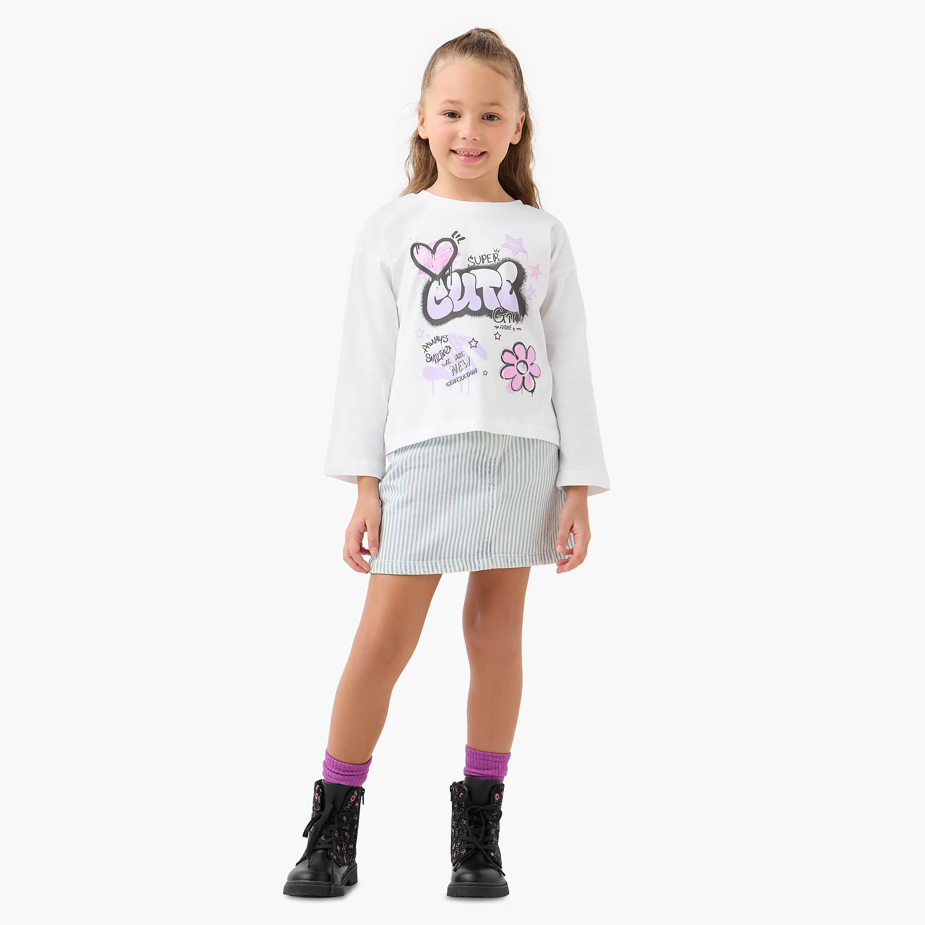 Juniors Graffiti Print Long Sleeve T-shirt with Crew Neck-girls-clothing-tshirts-image-2
