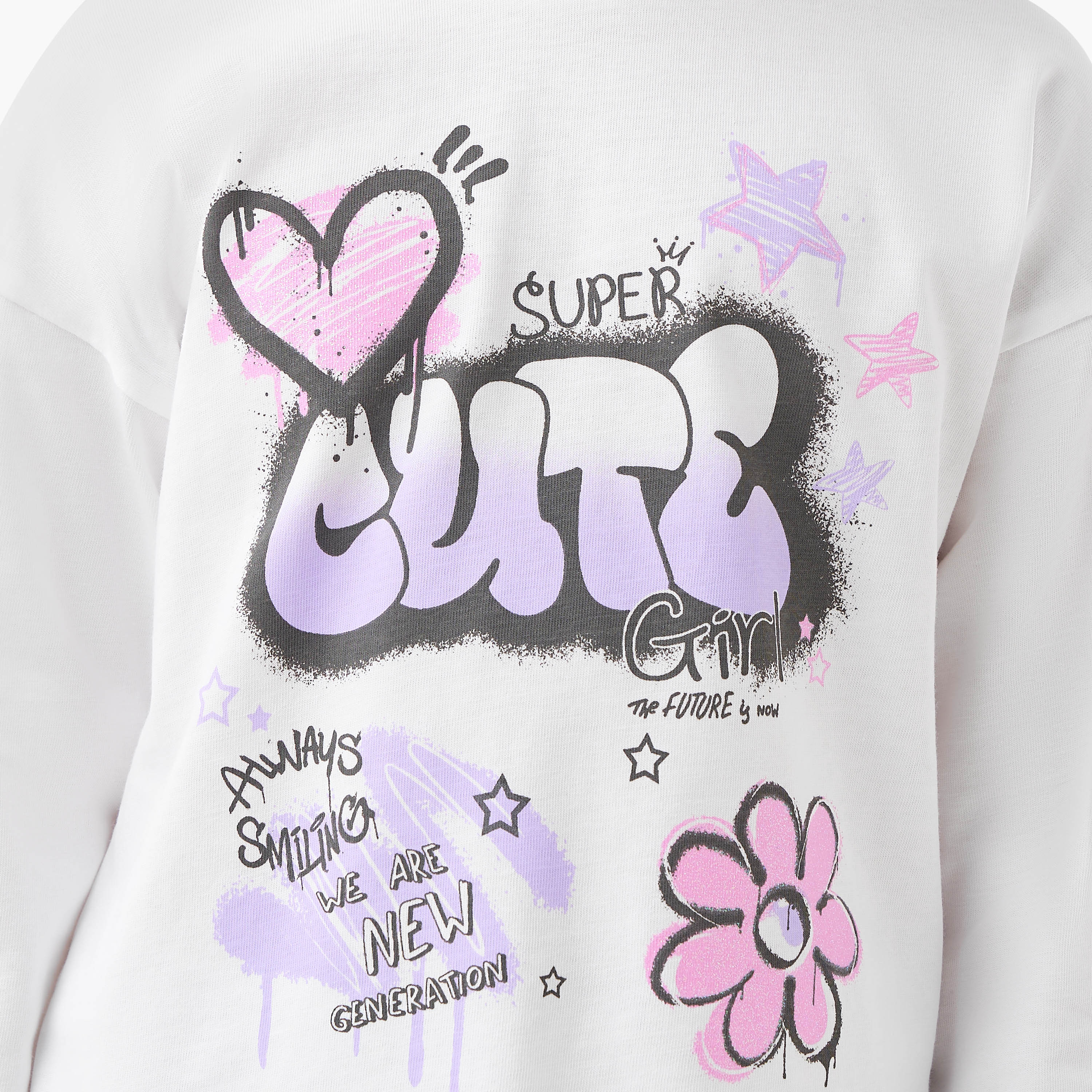 Juniors Graffiti Print Long Sleeve T-shirt with Crew Neck-girls-clothing-tshirts-image-5