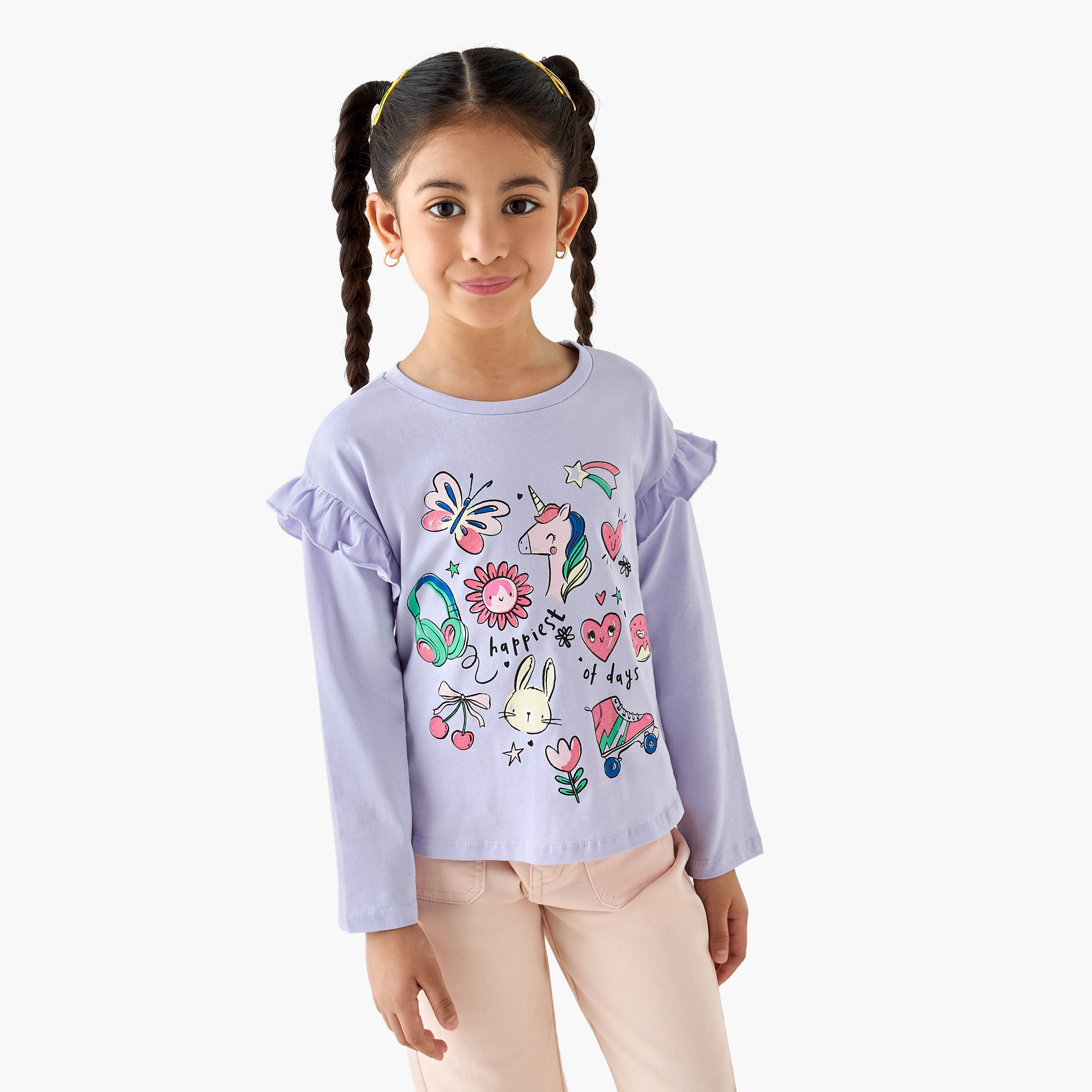 Juniors Printed T-shirt with Long Sleeves-girls-clothing-tshirts-image-1