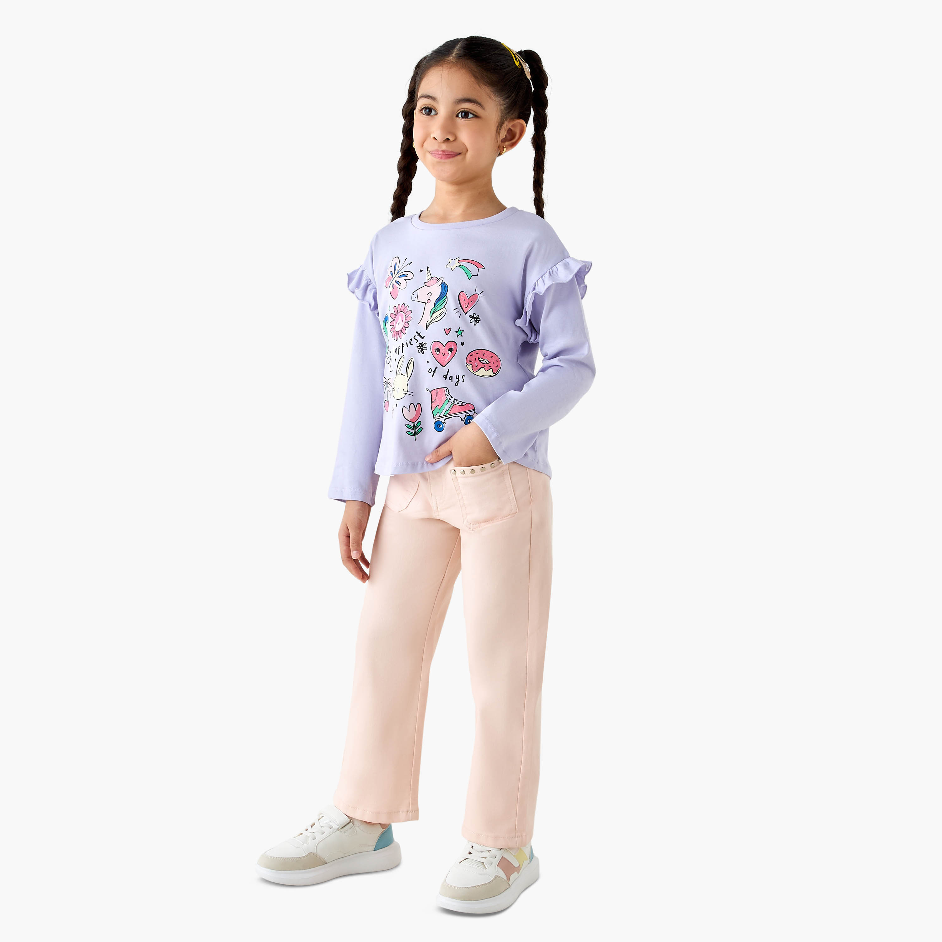 Juniors Printed T-shirt with Long Sleeves-girls-clothing-tshirts-image-2