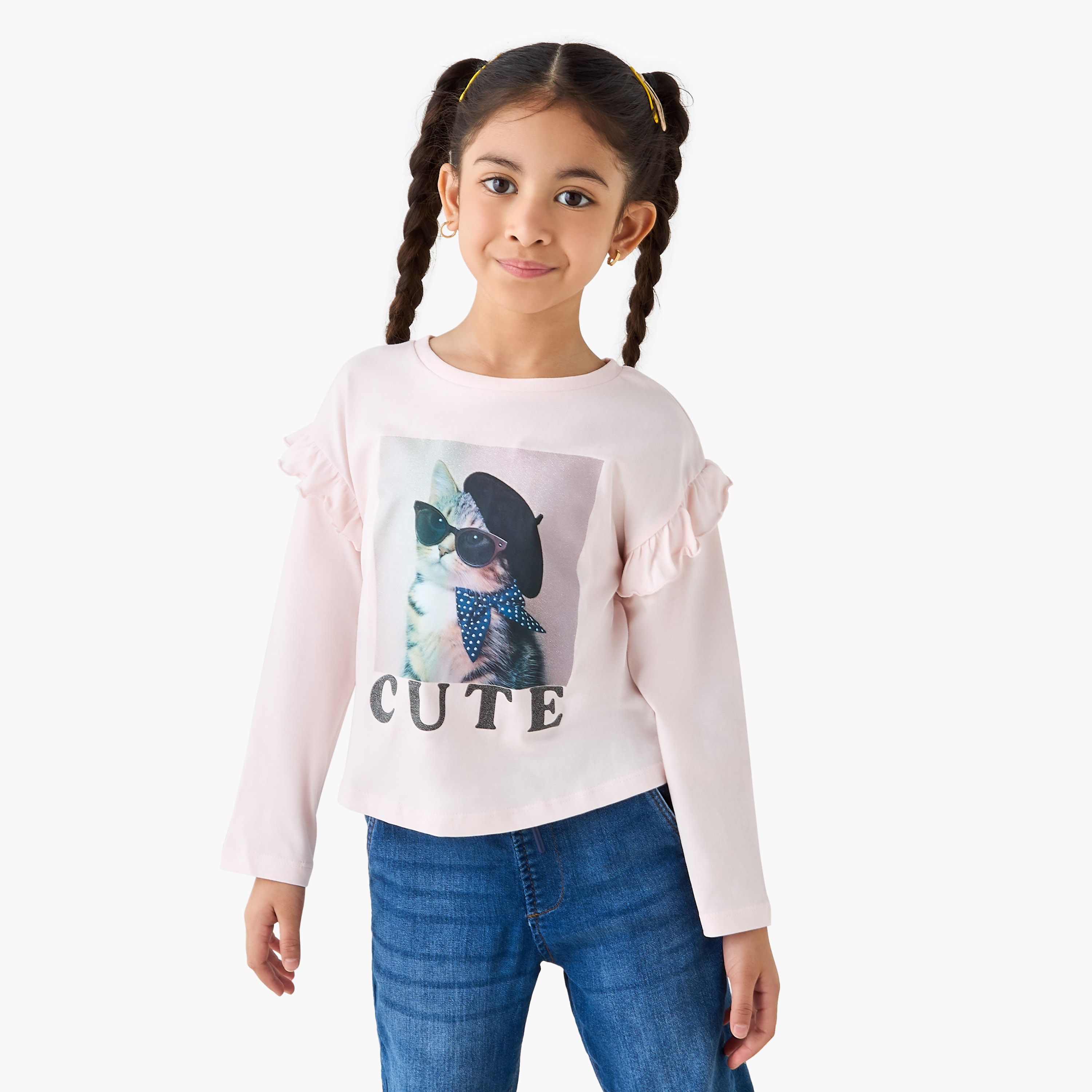 Juniors Cat Graphic Print T-shirt with Long Sleeves-girls-clothing-tshirts-image-1