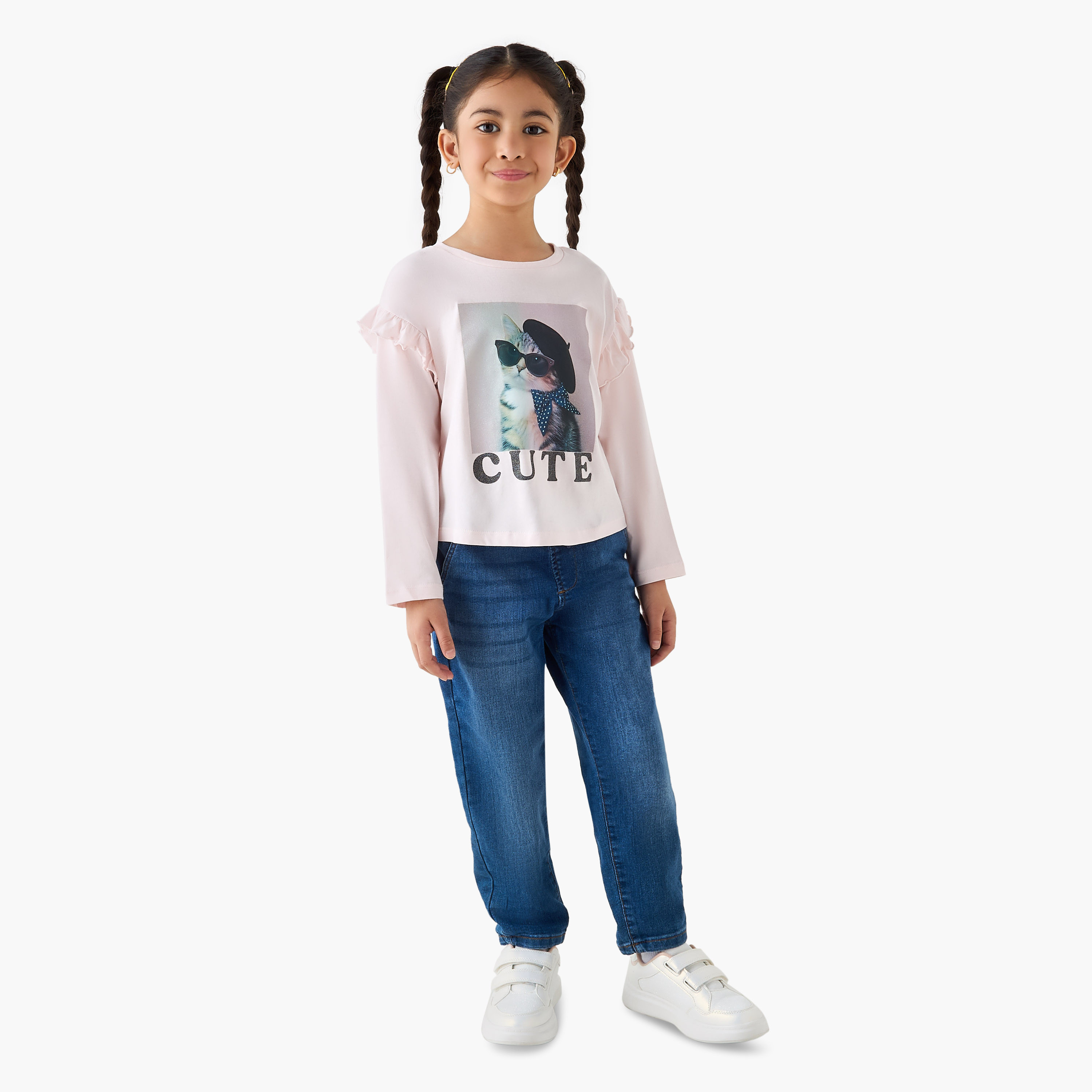 Juniors Cat Graphic Print T-shirt with Long Sleeves-girls-clothing-tshirts-image-2