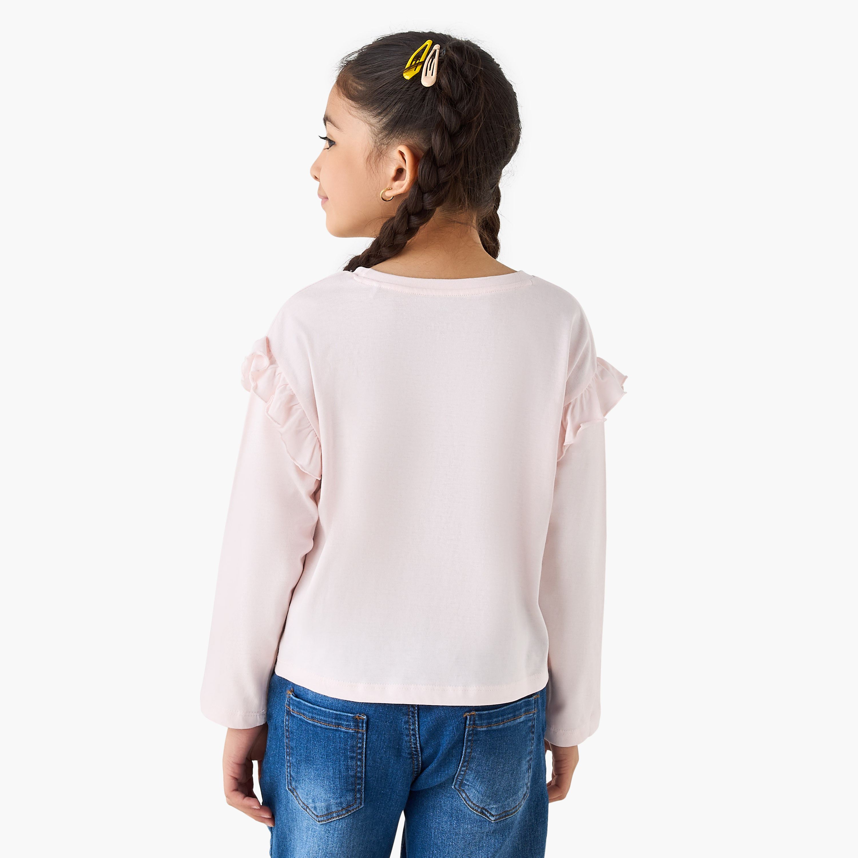 Juniors Cat Graphic Print T-shirt with Long Sleeves-girls-clothing-tshirts-image-3