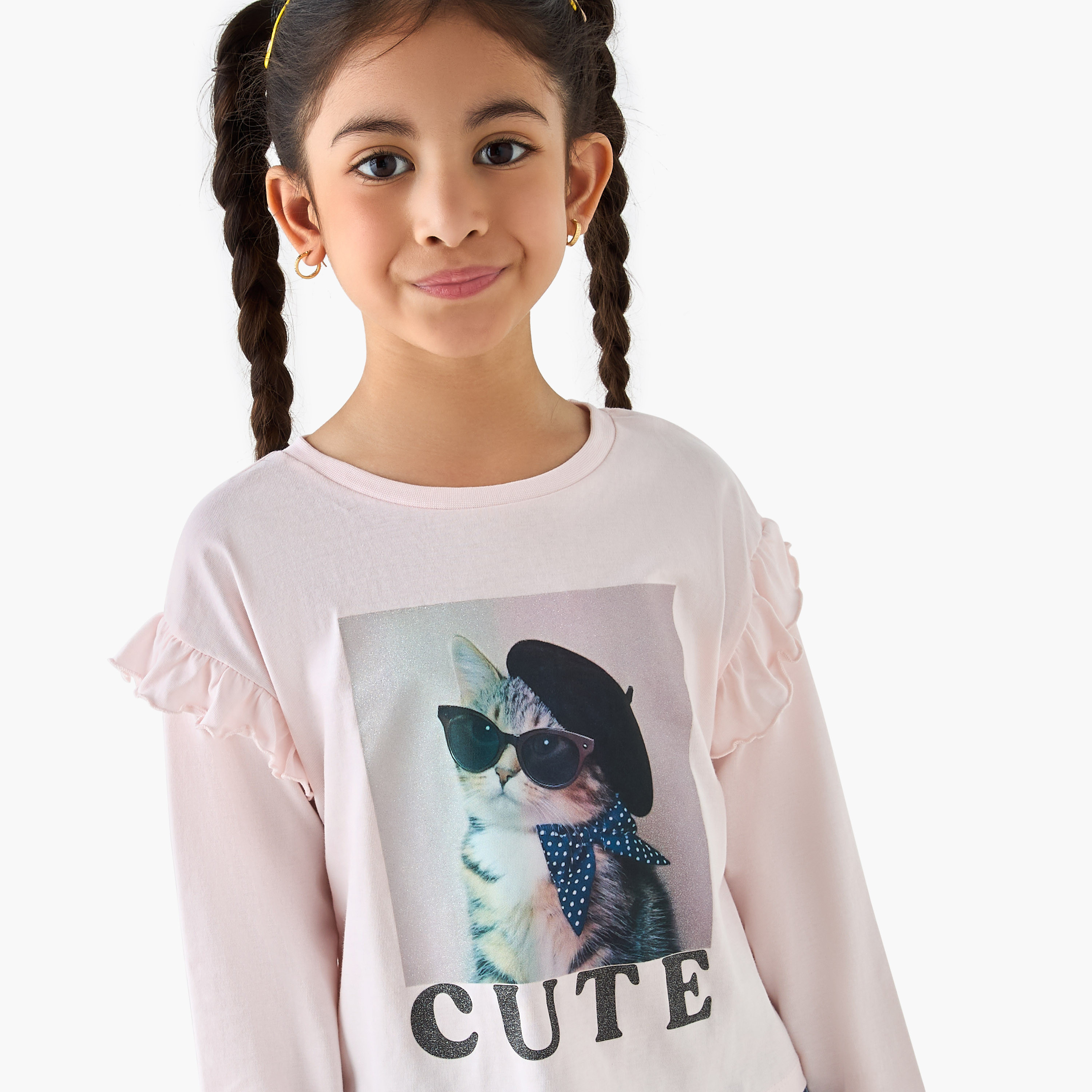 Juniors Cat Graphic Print T-shirt with Long Sleeves-girls-clothing-tshirts-image-4