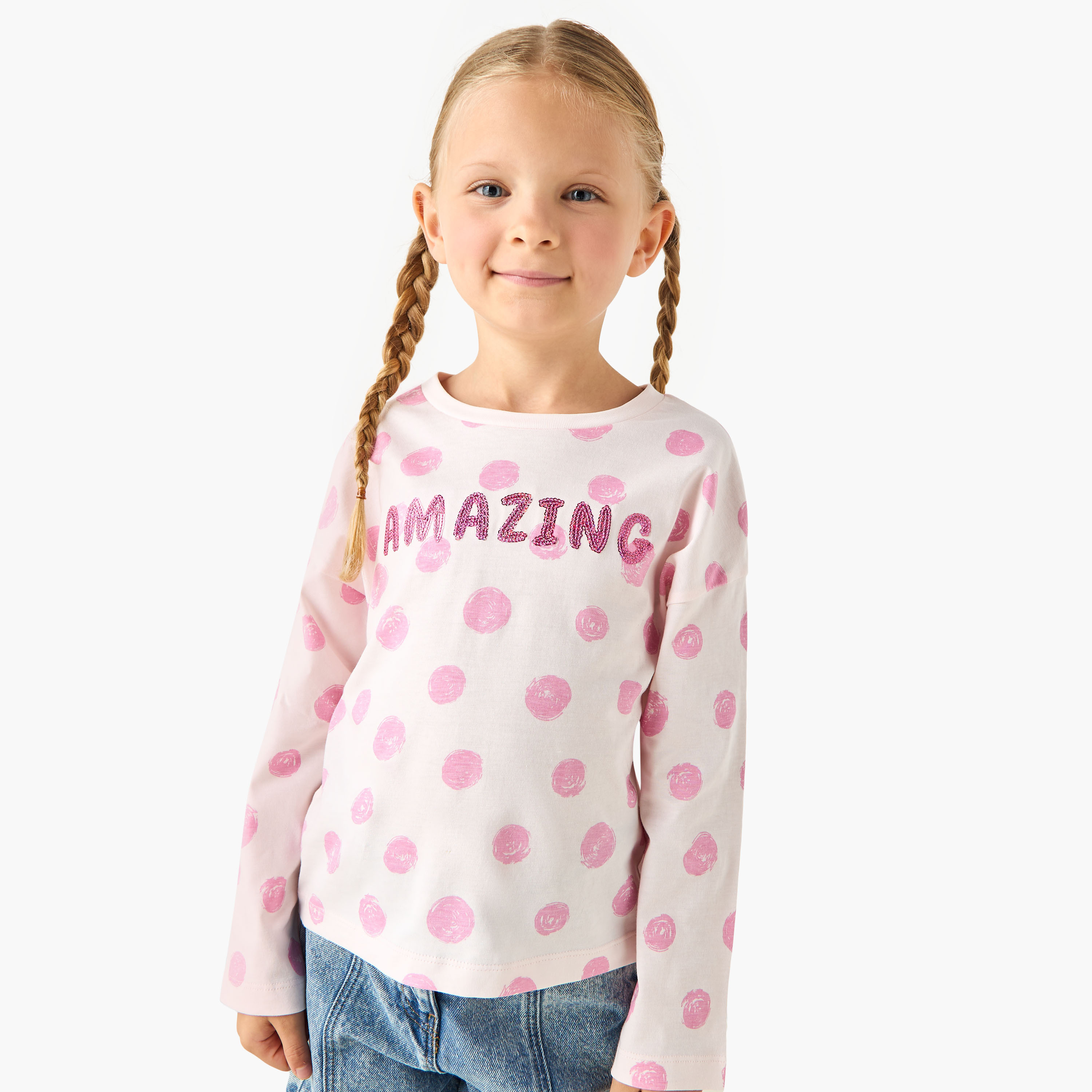 Juniors Printed T-shirt with Long Sleeves-girls-clothing-tshirts-image-1